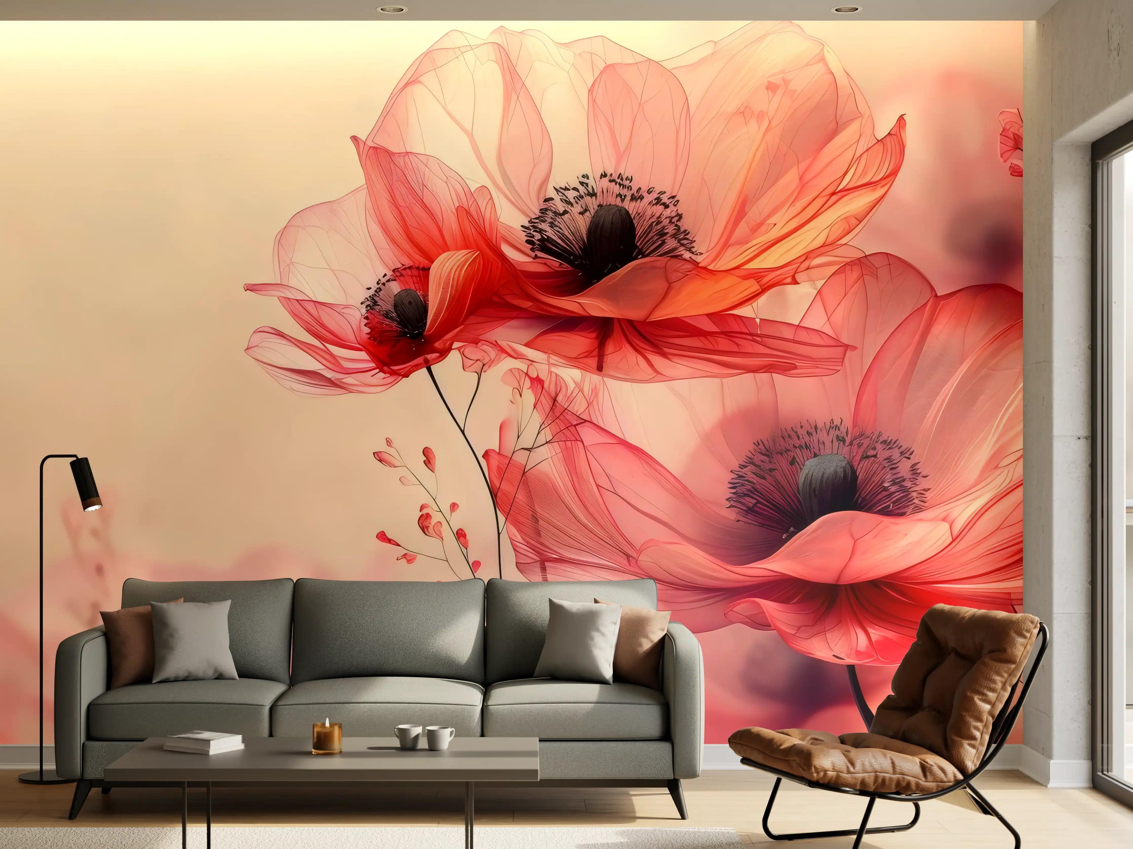 Wandverkleidung Wohnzimmer - Zarte Mohnblüten in Rosa