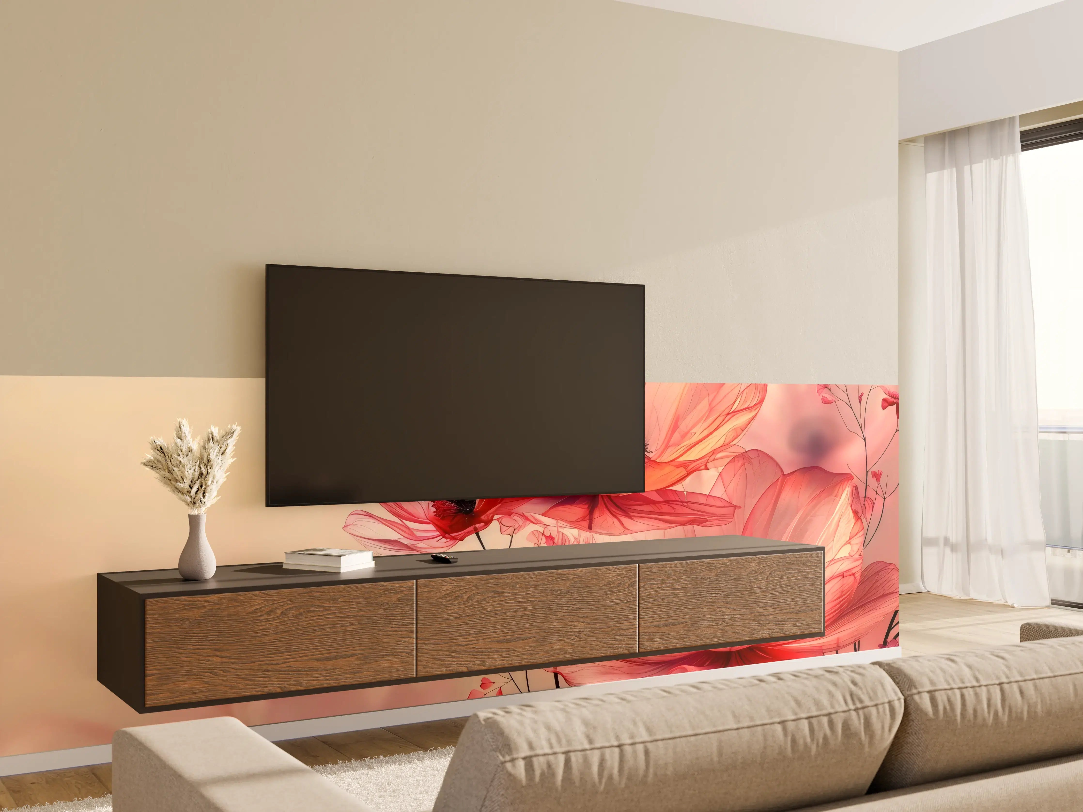 Wandverkleidung Wohnzimmer - Zarte Mohnblüten in Rosa