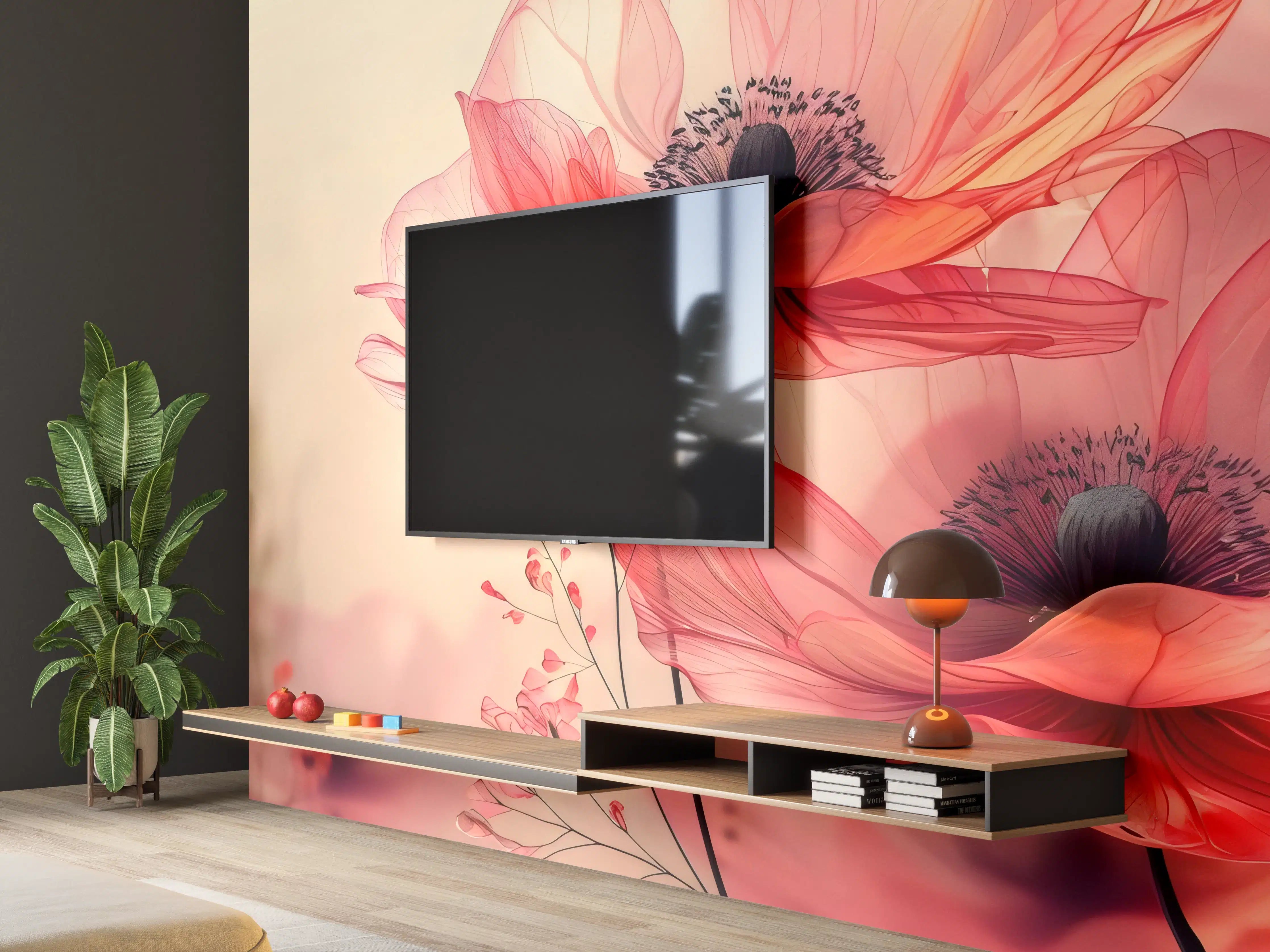 Wandverkleidung Wohnzimmer - Zarte Mohnblüten in Rosa