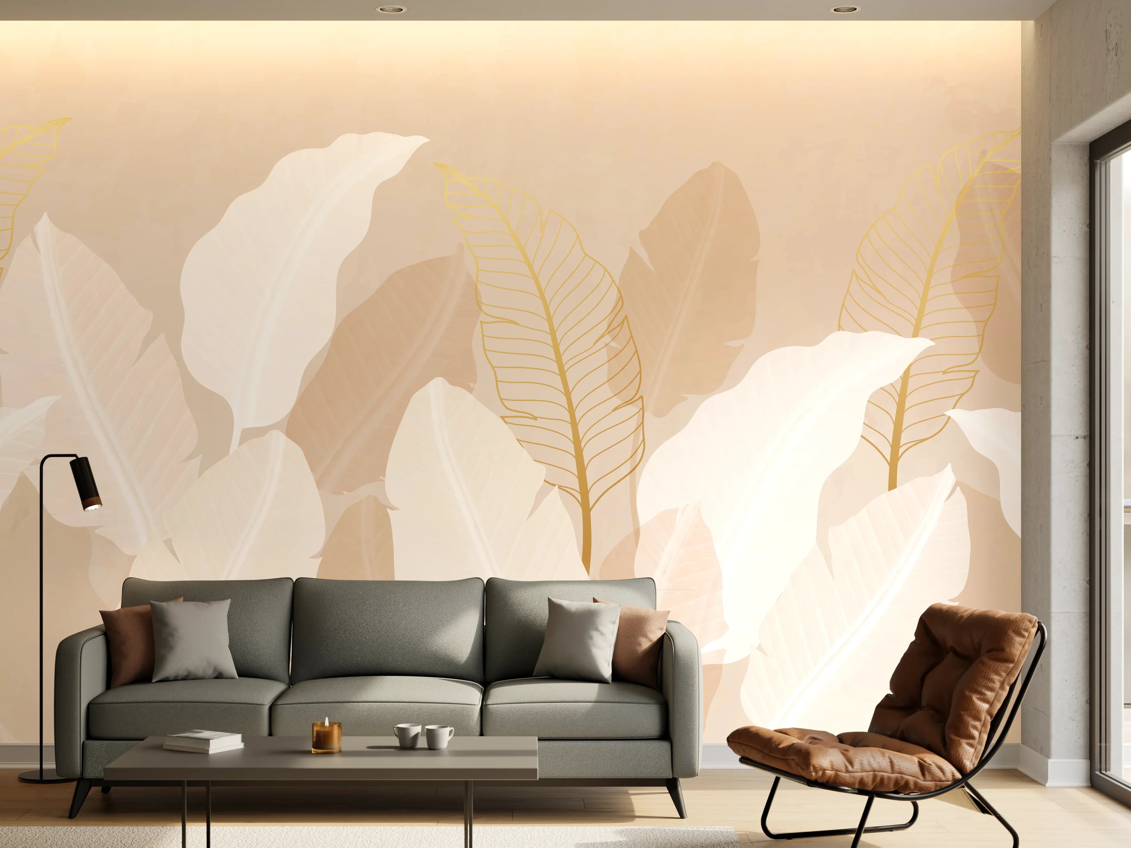 Wandverkleidung Wohnzimmer - Zarte-Pastell-Blätter-Stilbild