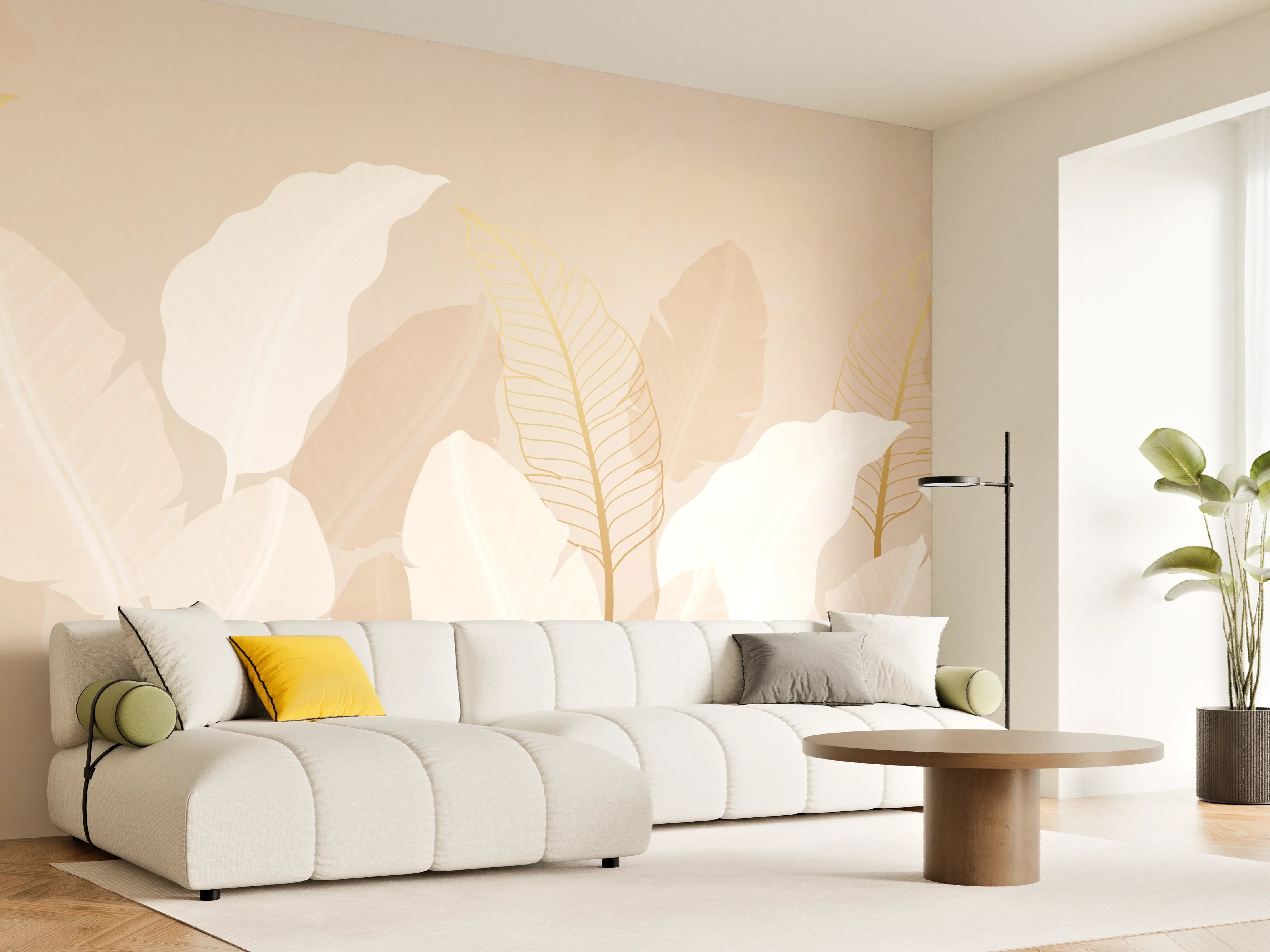 Wandverkleidung Wohnzimmer - Zarte-Pastell-Blätter-Stilbild