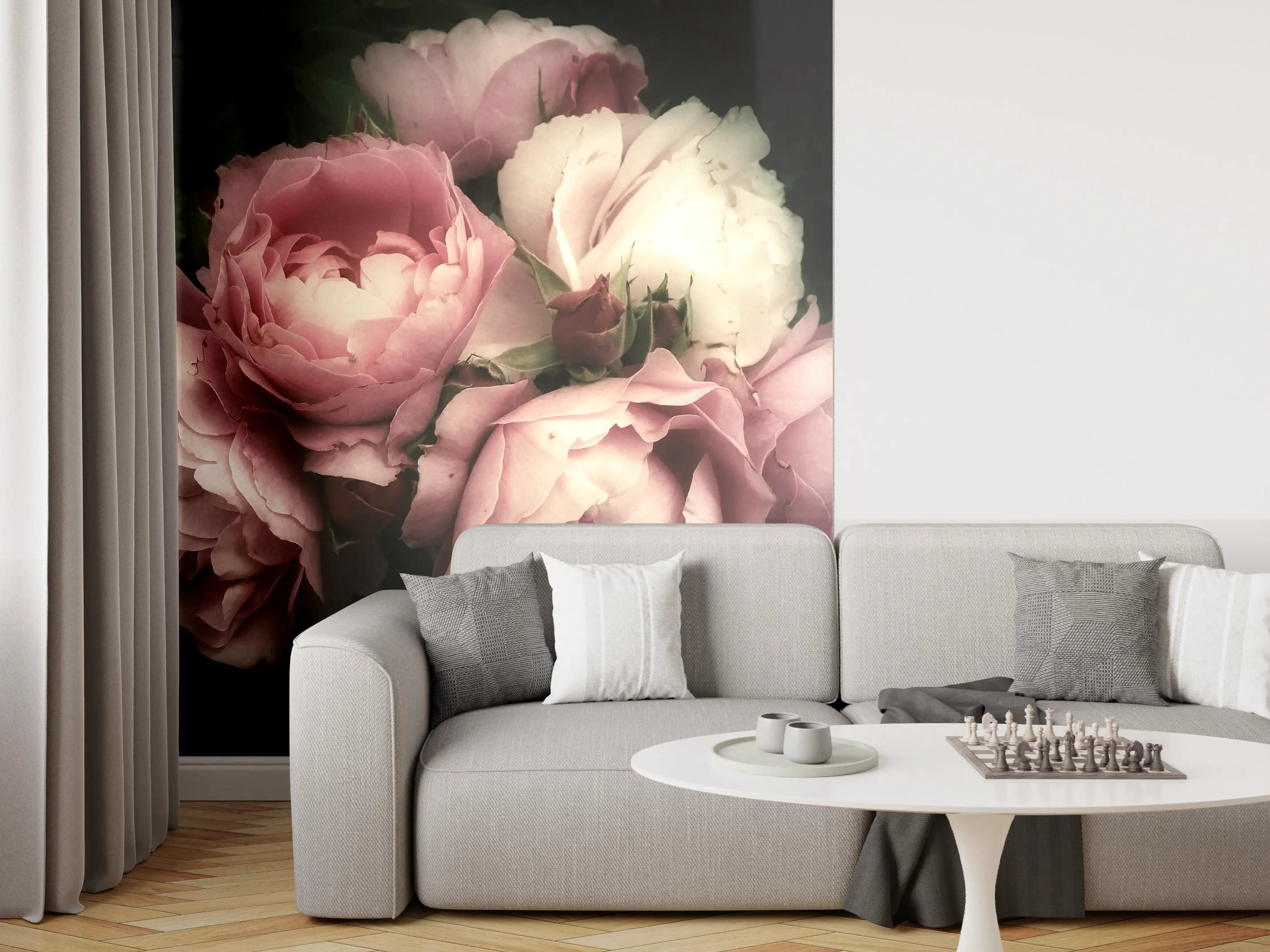 Wandverkleidung Wohnzimmer - Zarte Rosenpracht im Garten