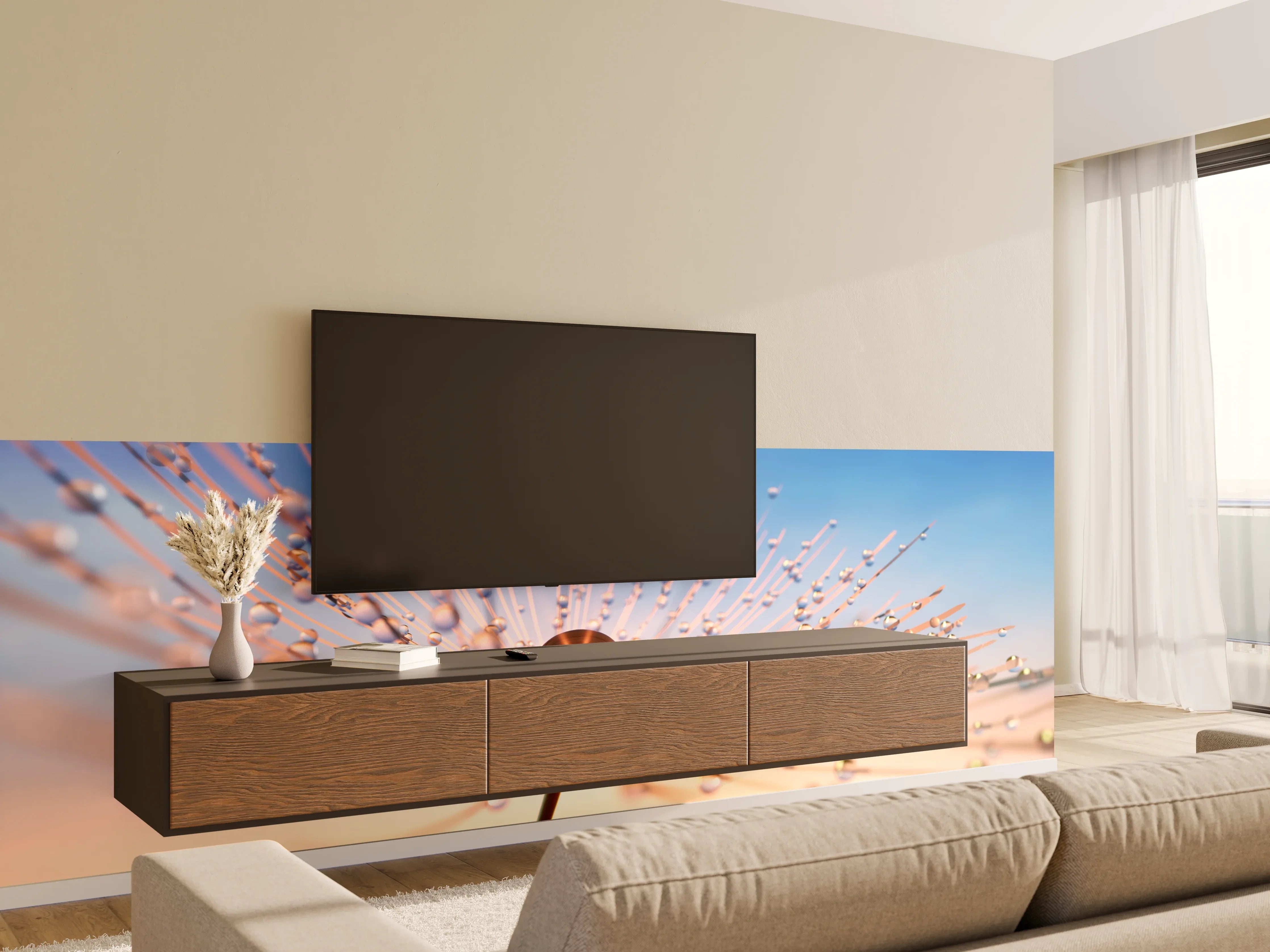 Wandverkleidung Wohnzimmer - Zarte Tautropfen auf einer Pflanze