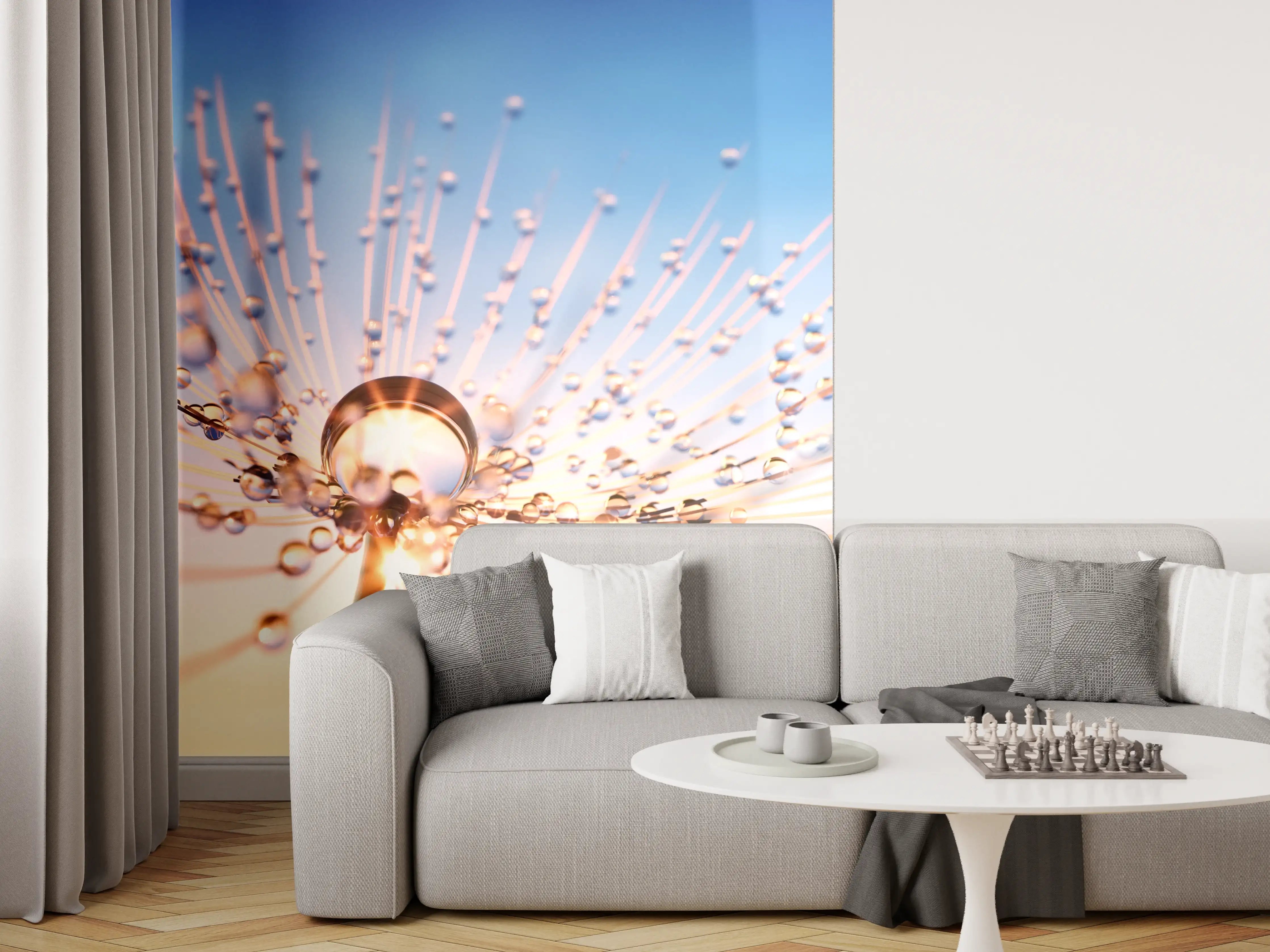Wandverkleidung Wohnzimmer - Zarte Tautropfen auf einer Pflanze