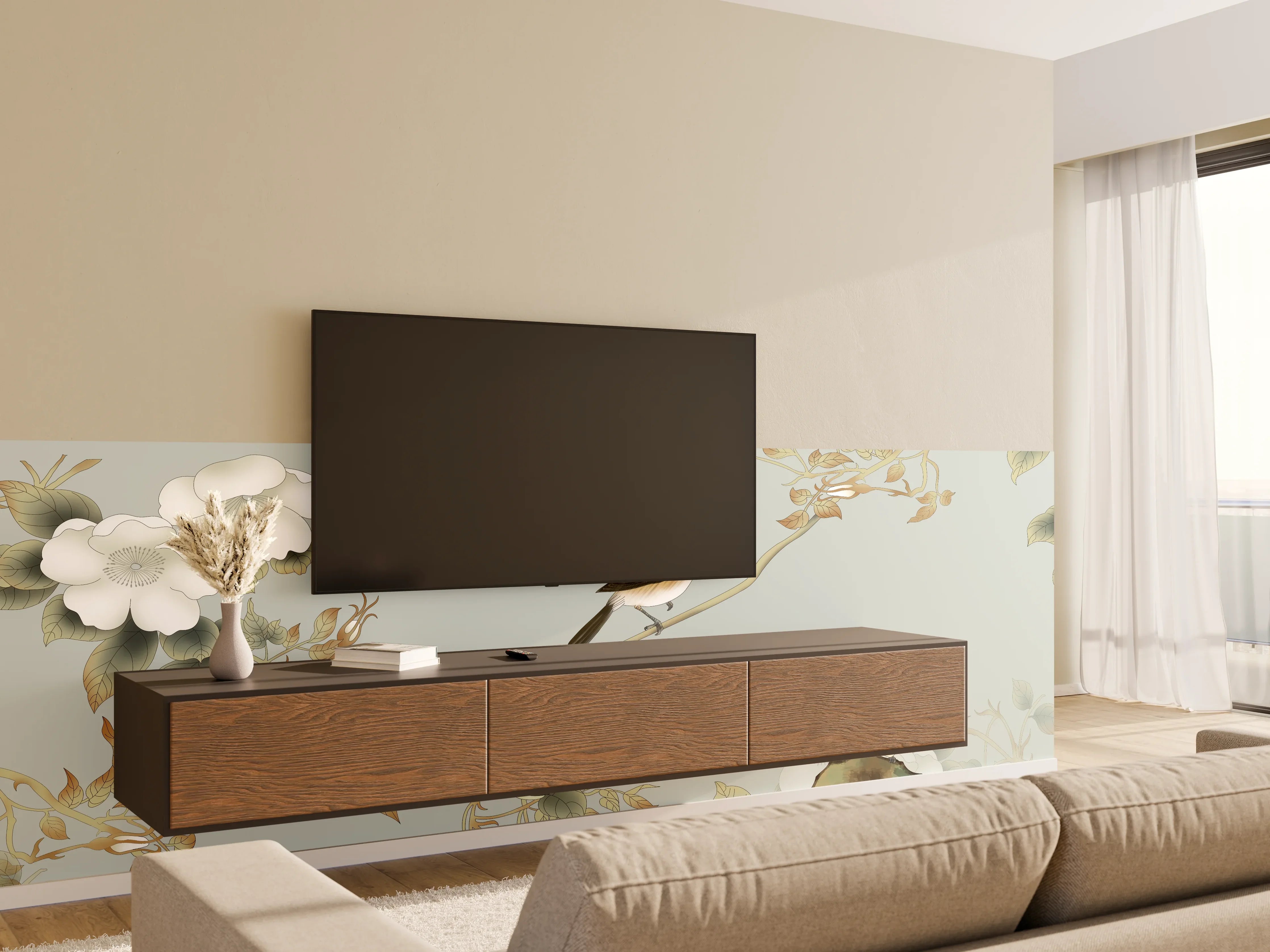 Wandverkleidung Wohnzimmer - Zarte Vogelwelt im Blumen-Design