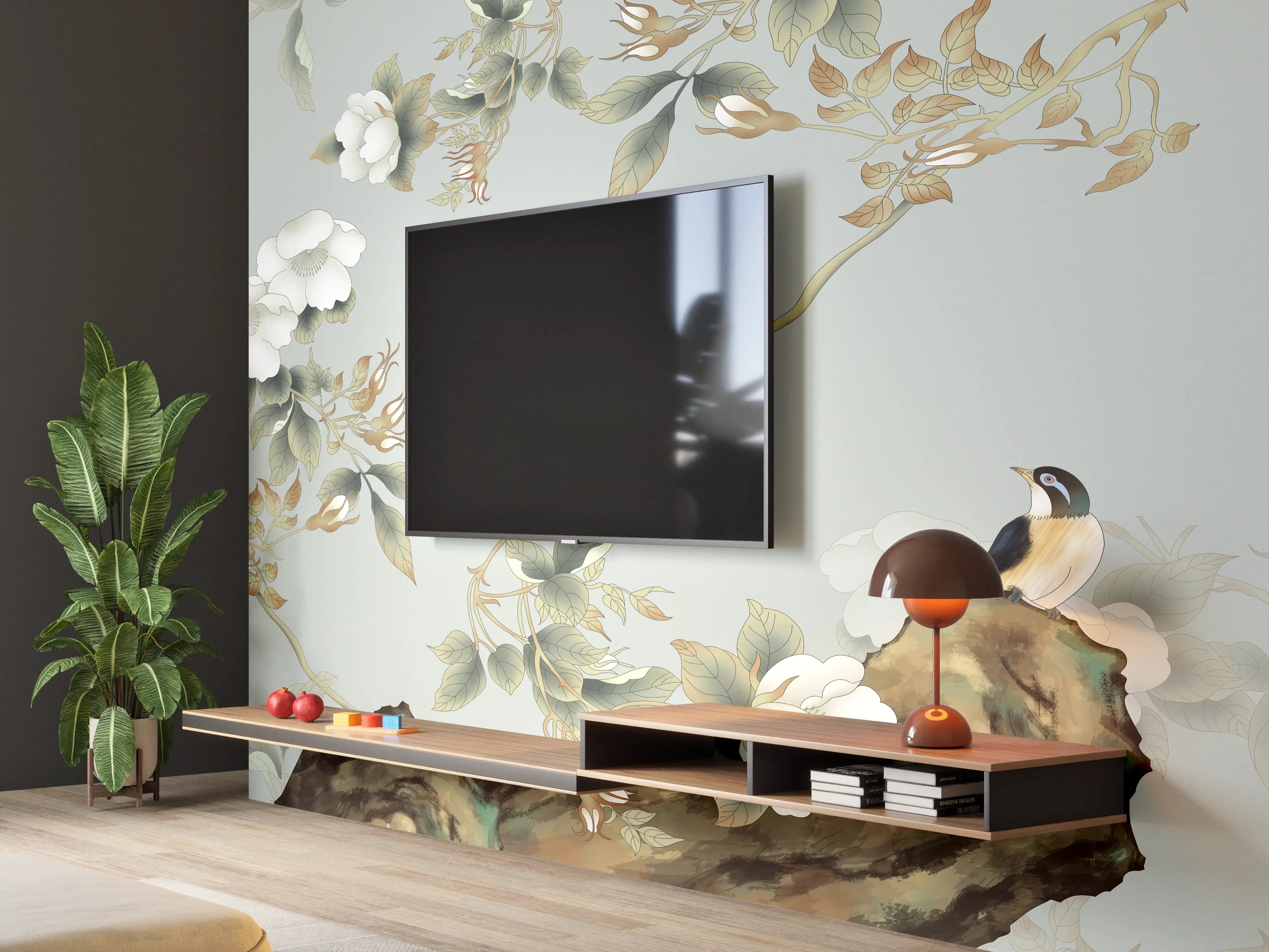 Wandverkleidung Wohnzimmer - Zarte Vogelwelt im Blumen-Design