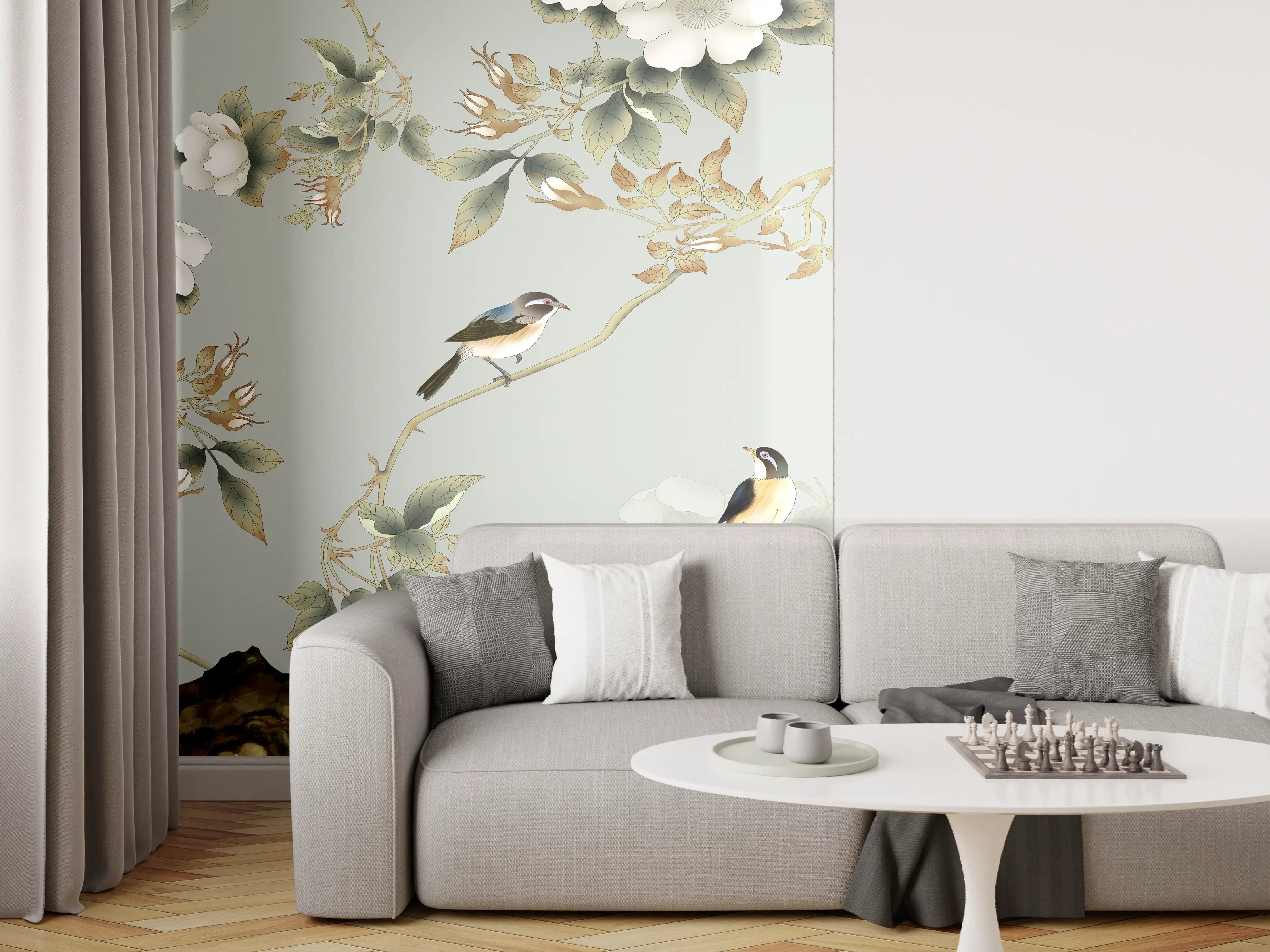 Wandverkleidung Wohnzimmer - Zarte Vogelwelt im Blumen-Design