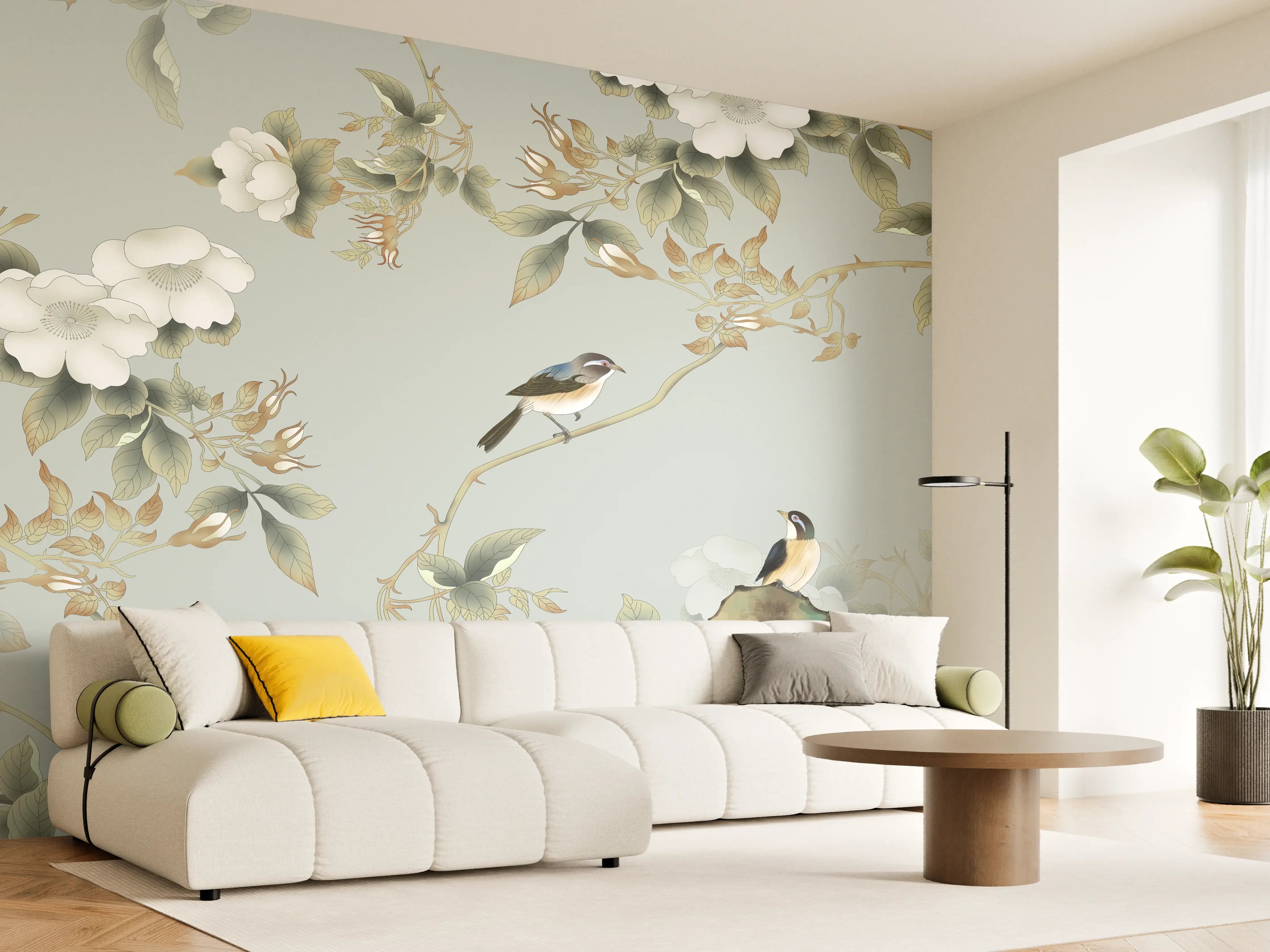 Wandverkleidung Wohnzimmer - Zarte Vogelwelt im Blumen-Design