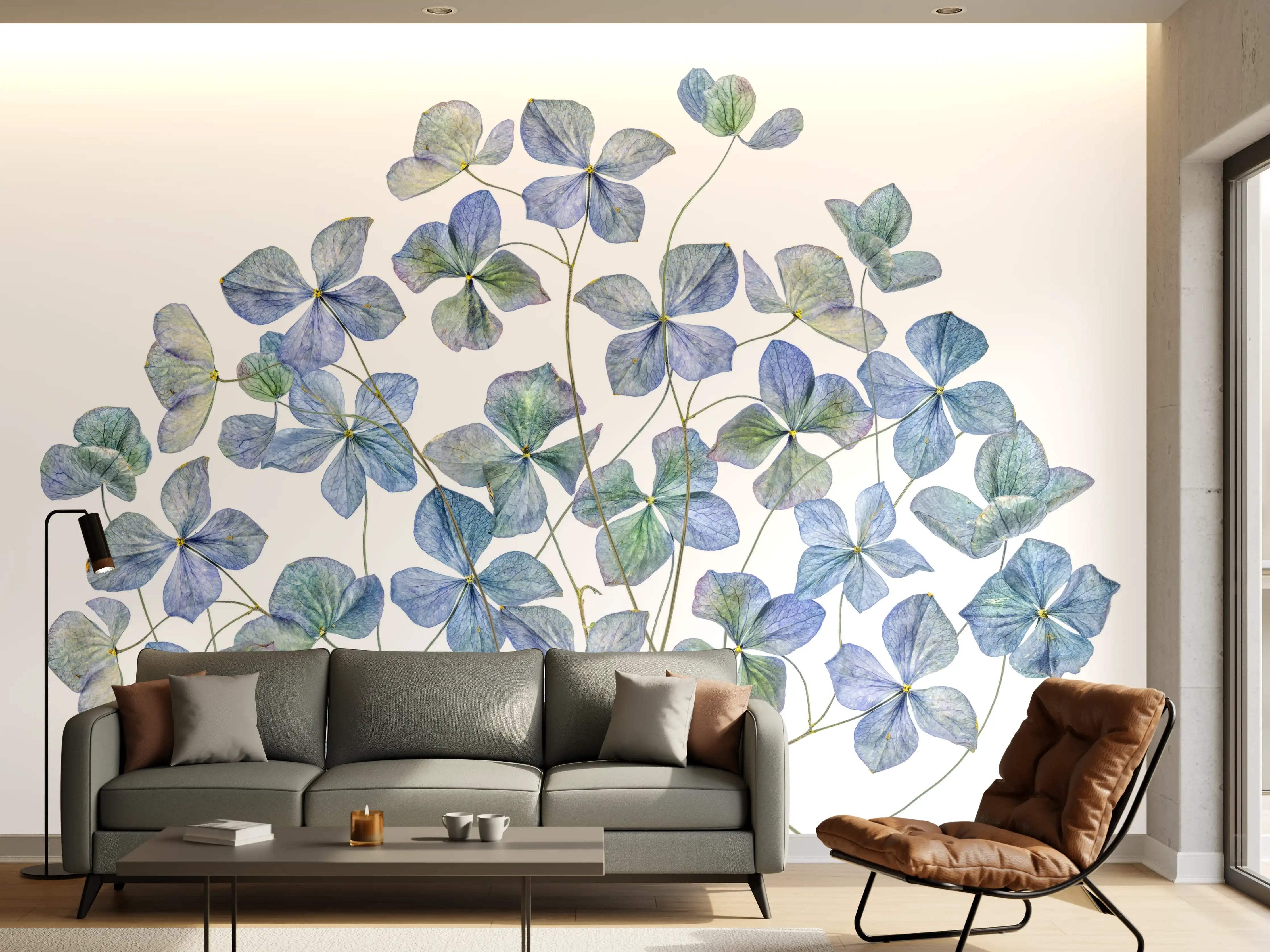Wandverkleidung Wohnzimmer - Zarte blaue Hortensienblüten