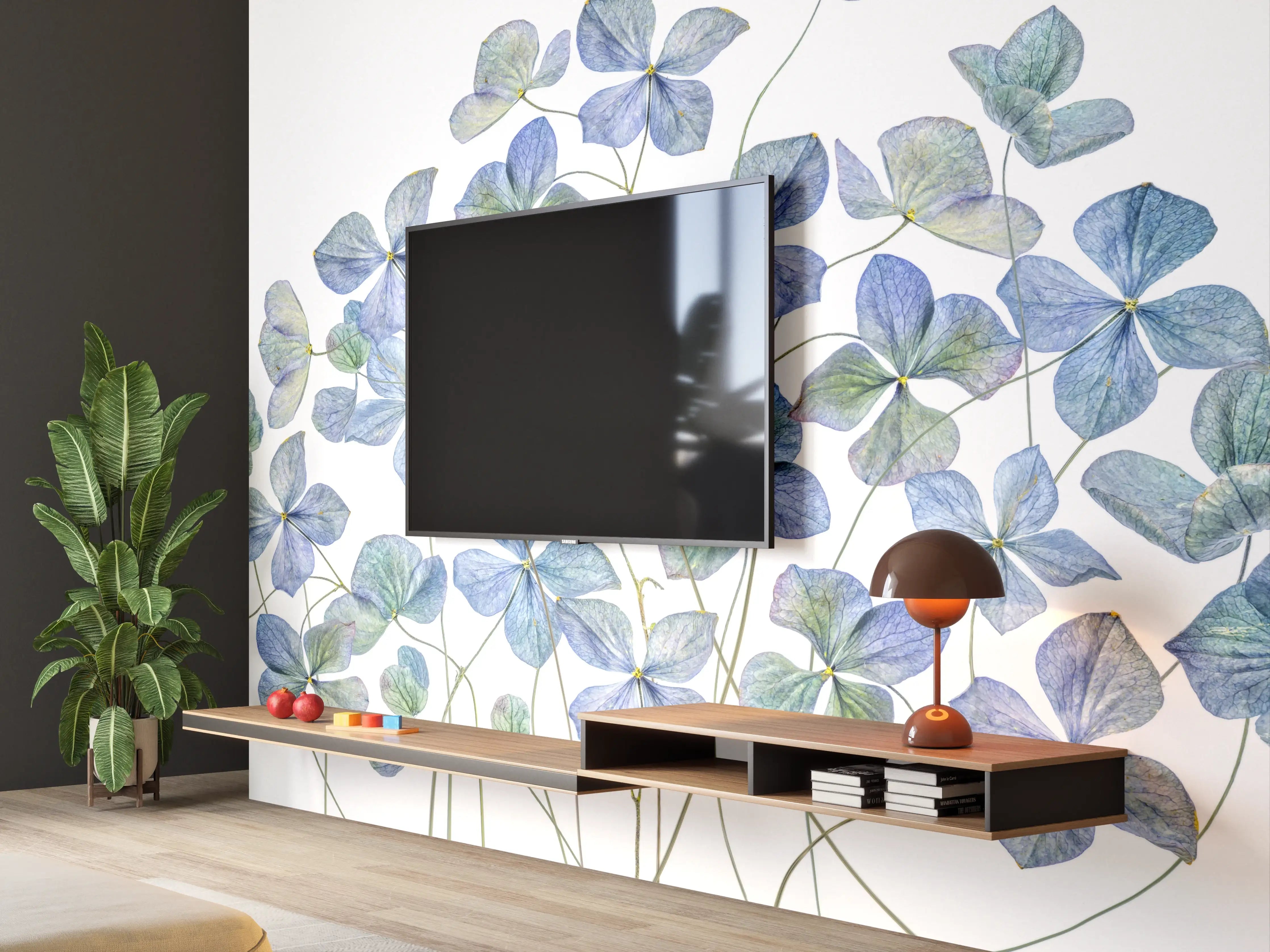 Wandverkleidung Wohnzimmer - Zarte blaue Hortensienblüten