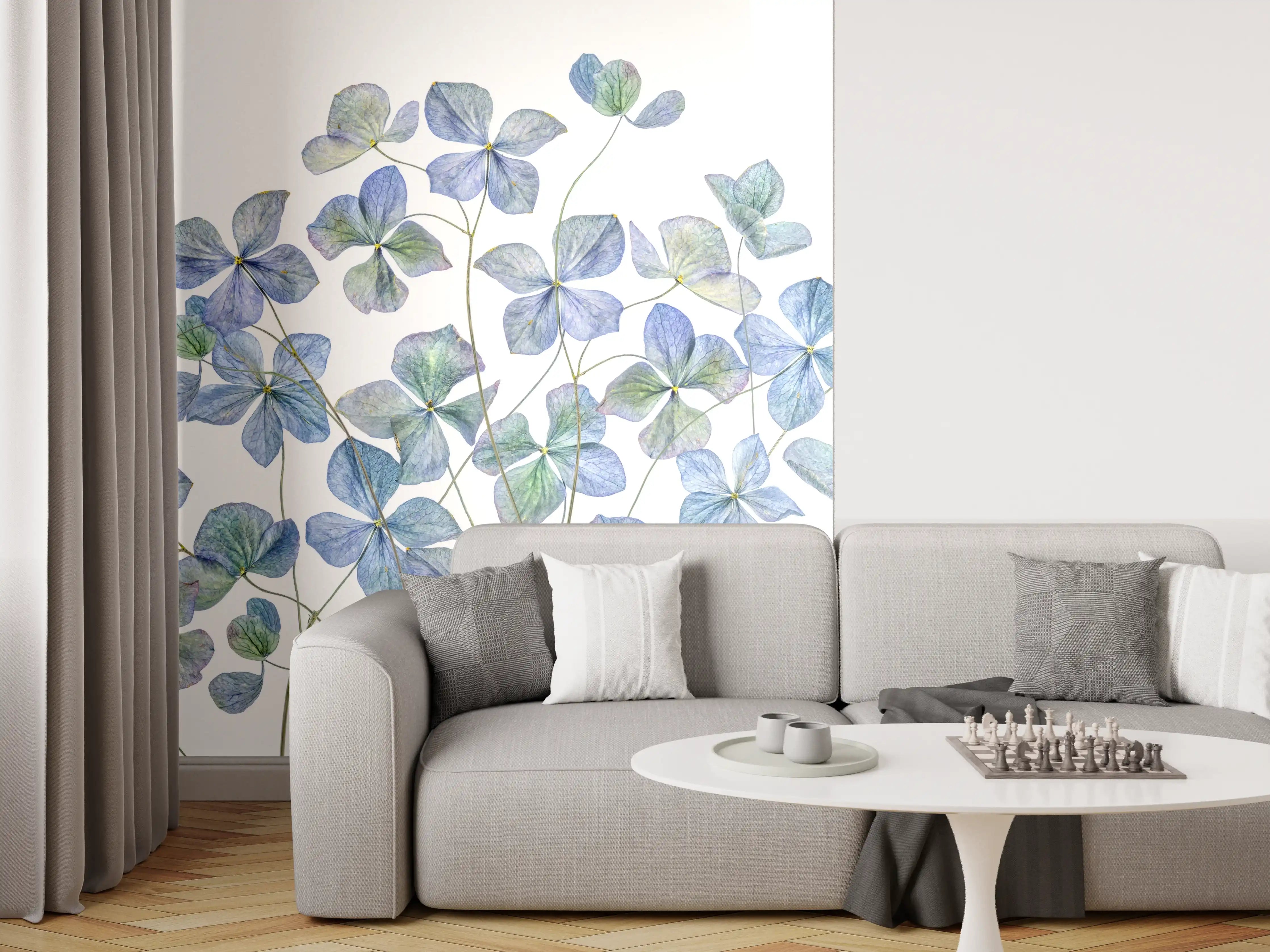 Wandverkleidung Wohnzimmer - Zarte blaue Hortensienblüten