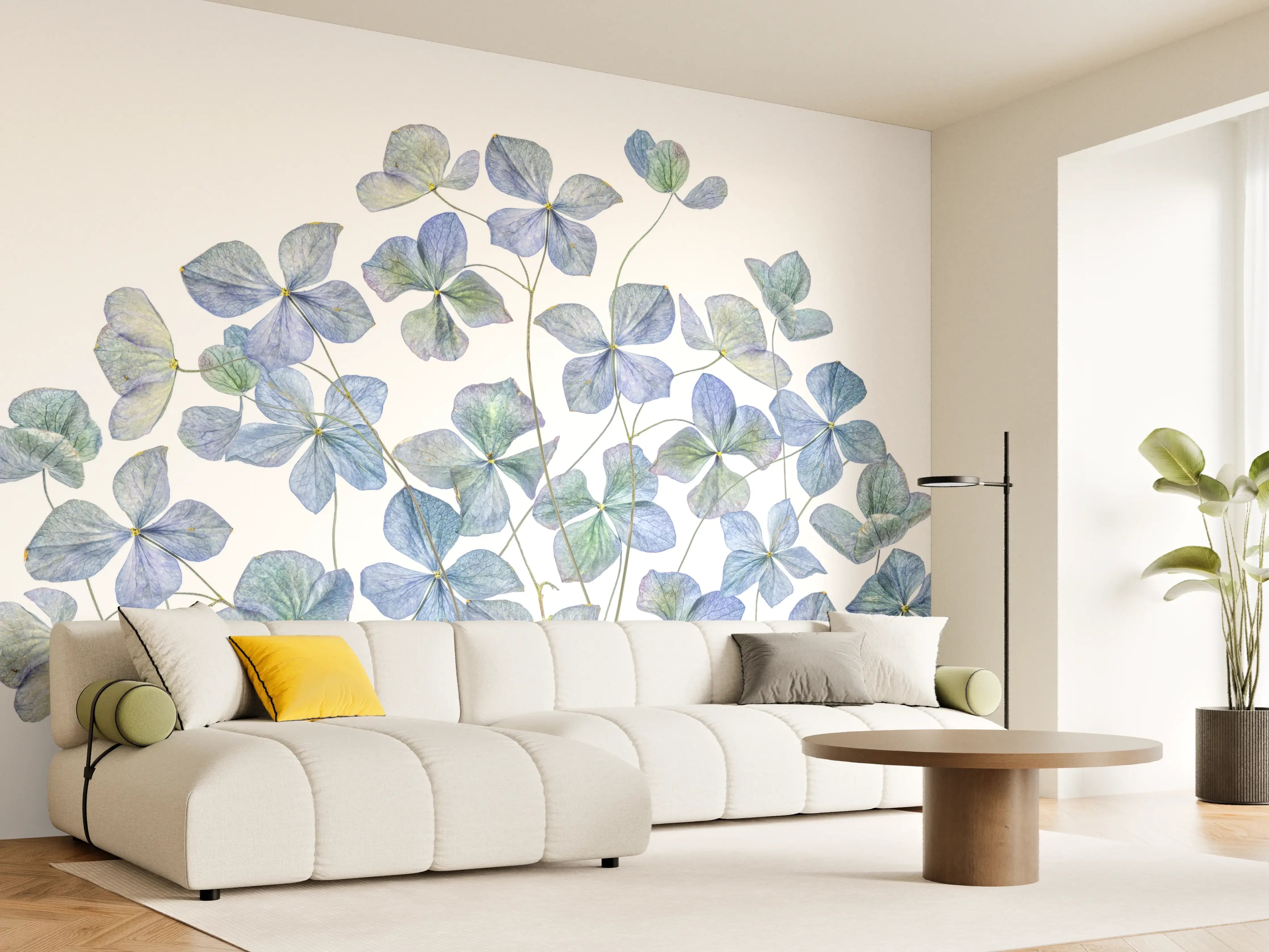 Wandverkleidung Wohnzimmer - Zarte blaue Hortensienblüten