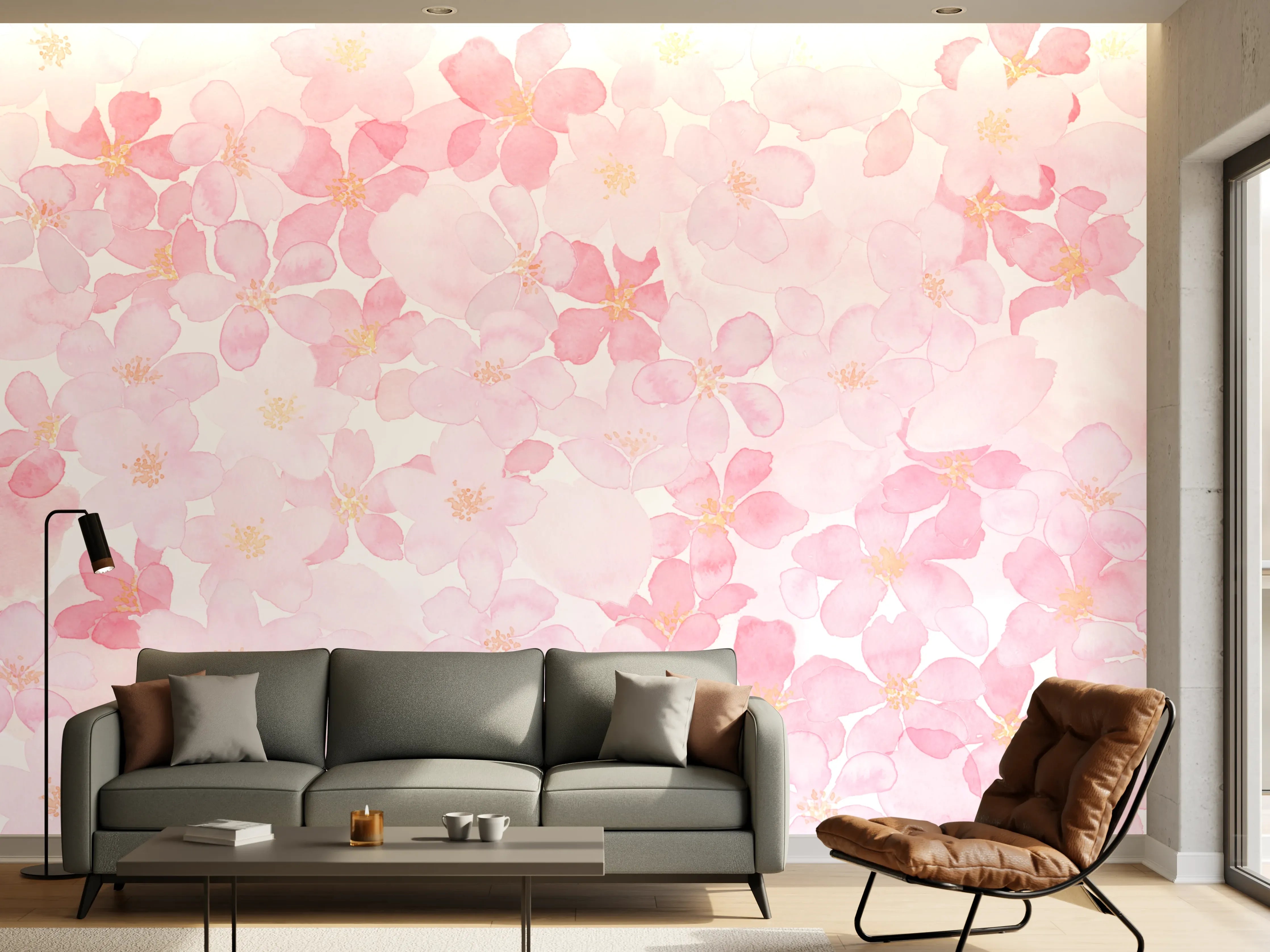 Wandverkleidung Wohnzimmer - Zarte rosa Blüten im Wasserfarbenstil
