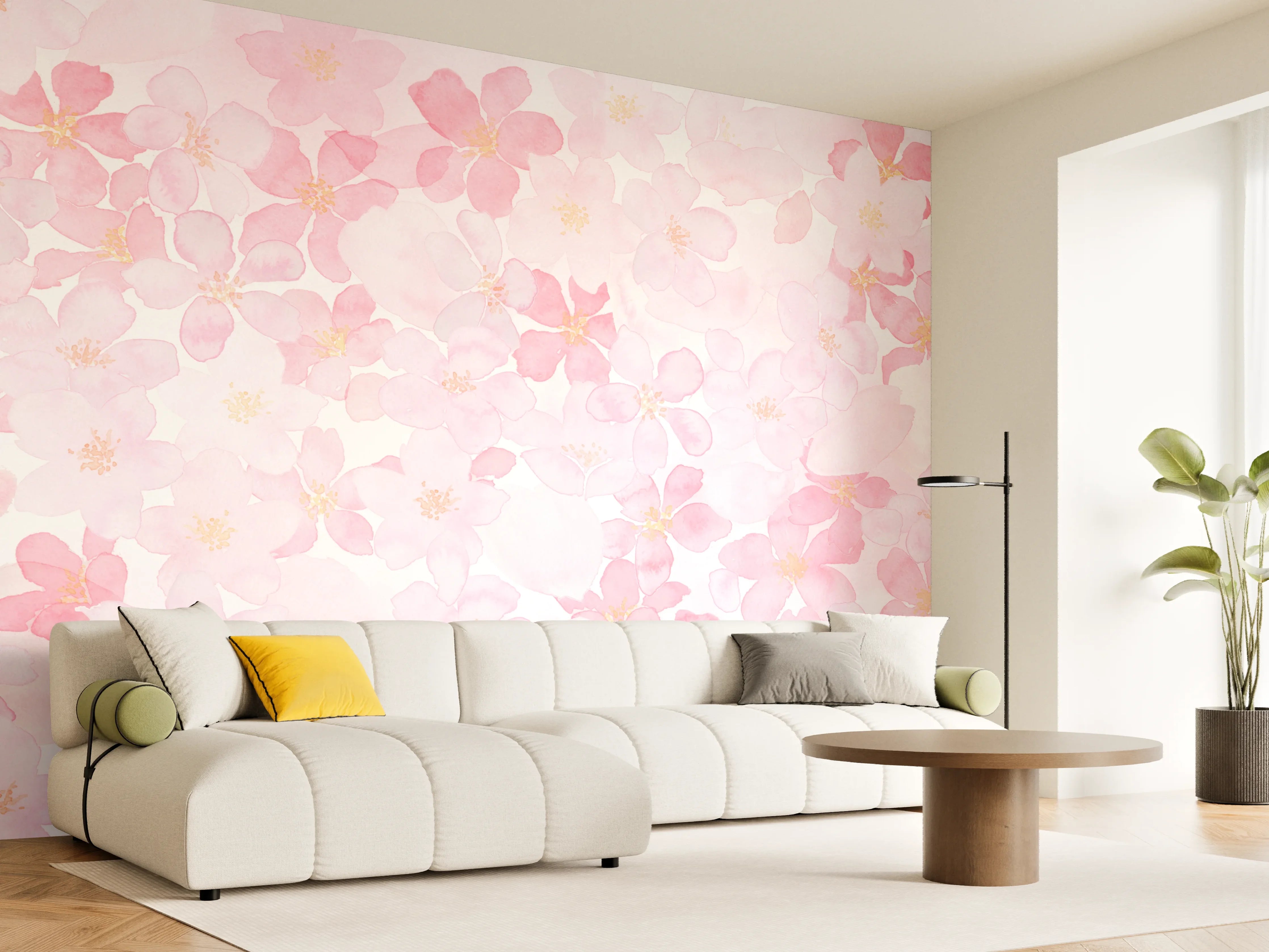 Wandverkleidung Wohnzimmer - Zarte rosa Blüten im Wasserfarbenstil