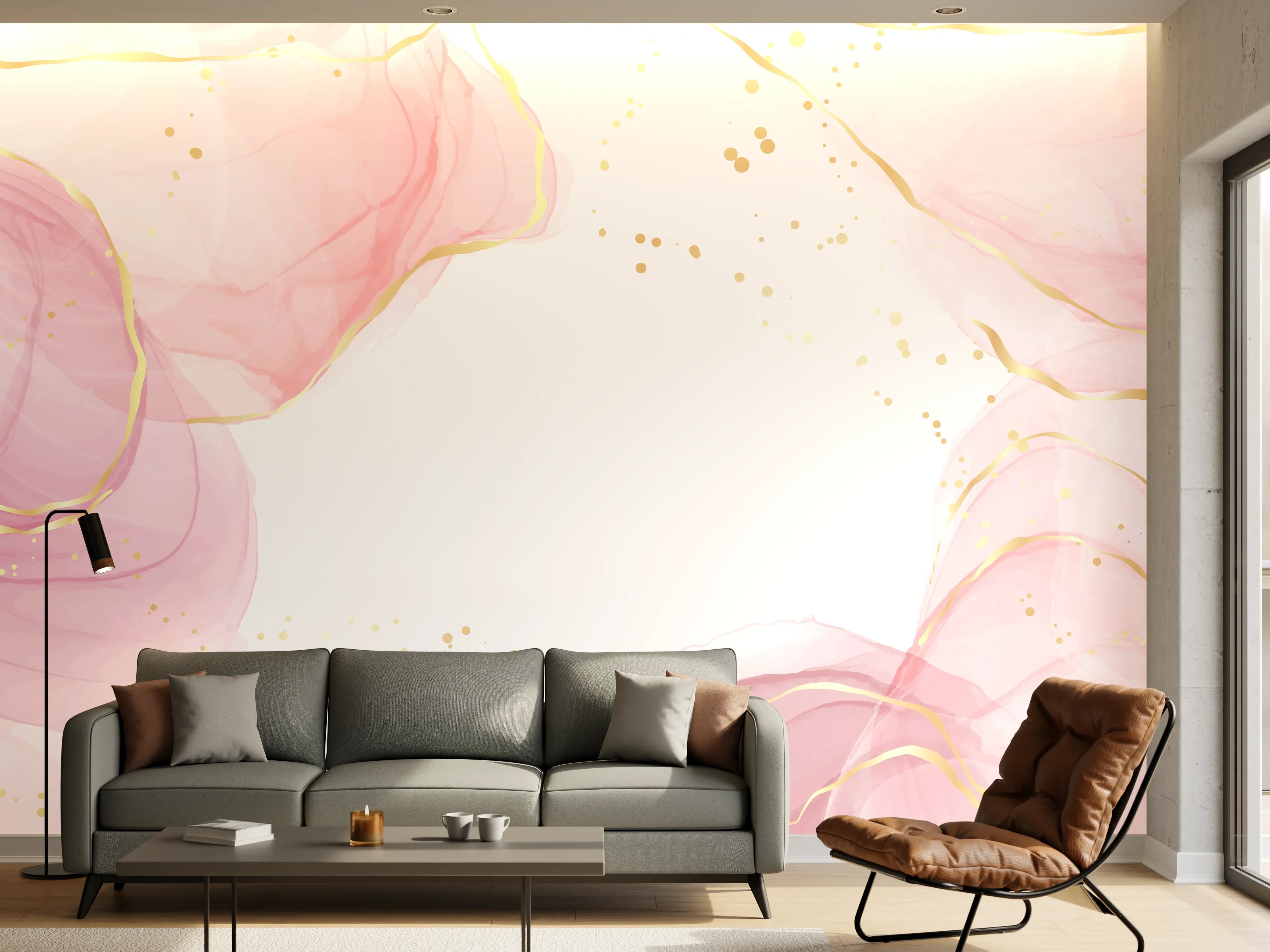 Wandverkleidung Wohnzimmer - Zartrosa Blumen Aquarell-Design