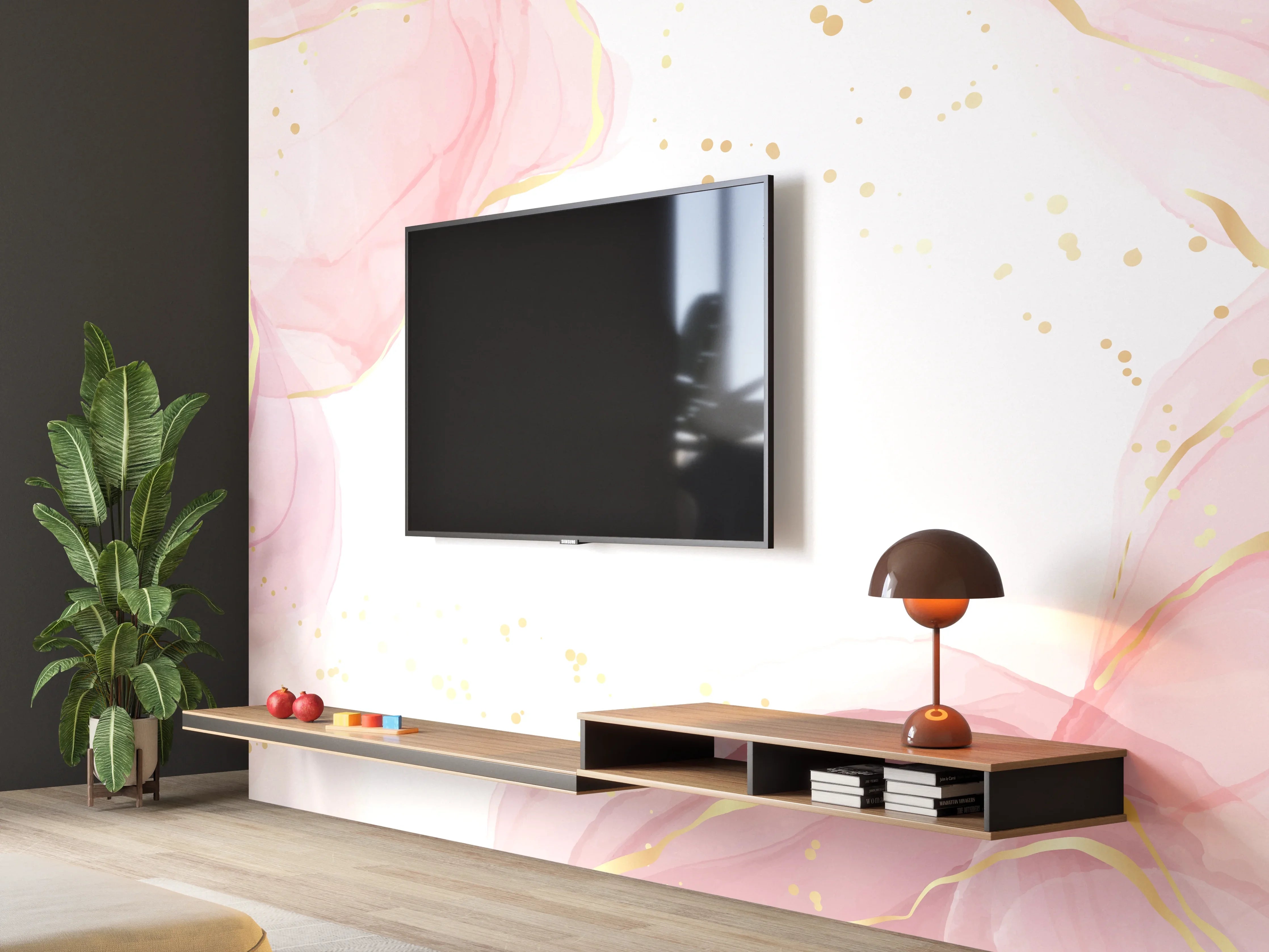 Wandverkleidung Wohnzimmer - Zartrosa Blumen Aquarell-Design