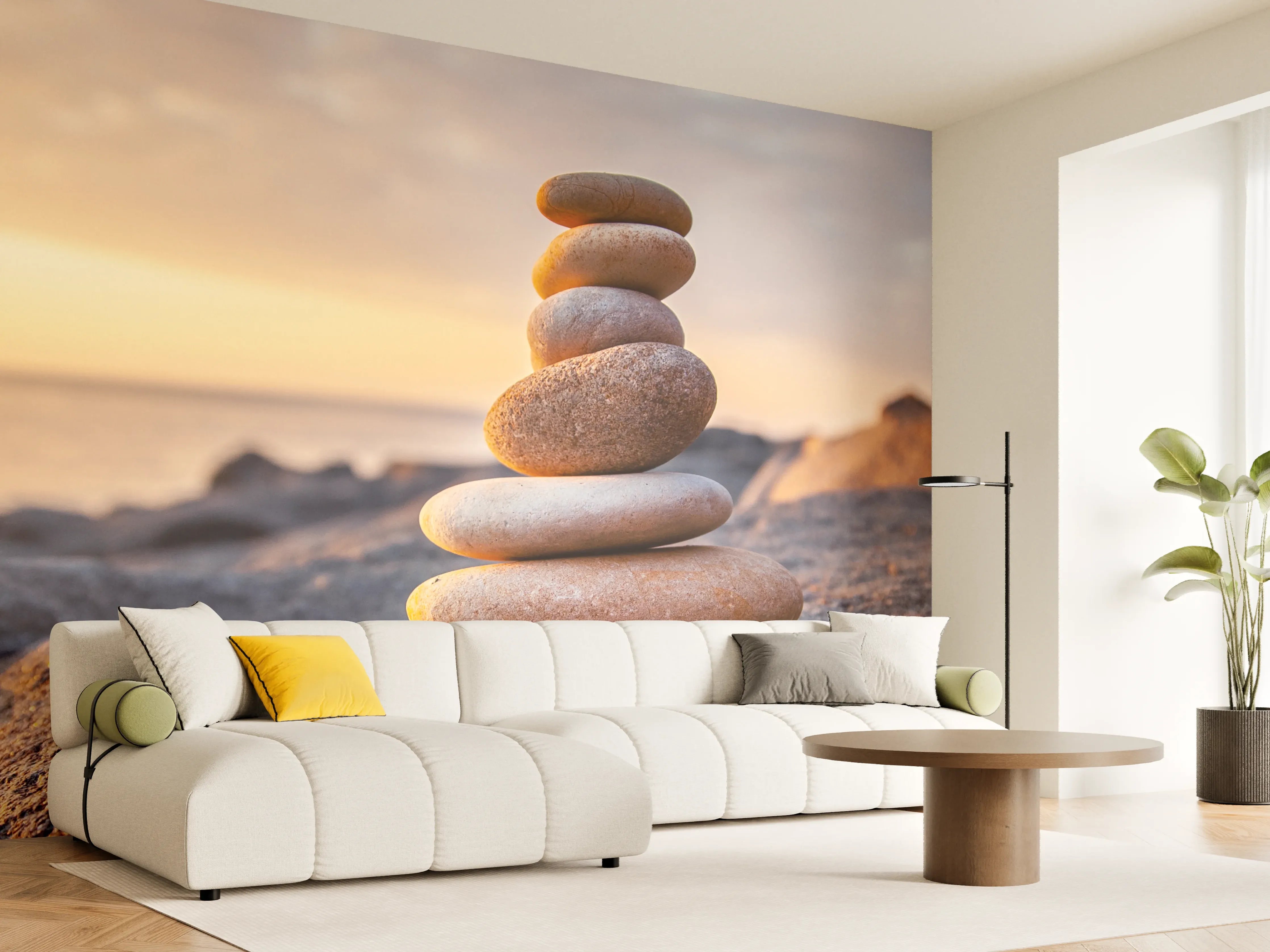 Wandverkleidung Wohnzimmer - Zauberhafte Steine am Strand bei Sonnenuntergang