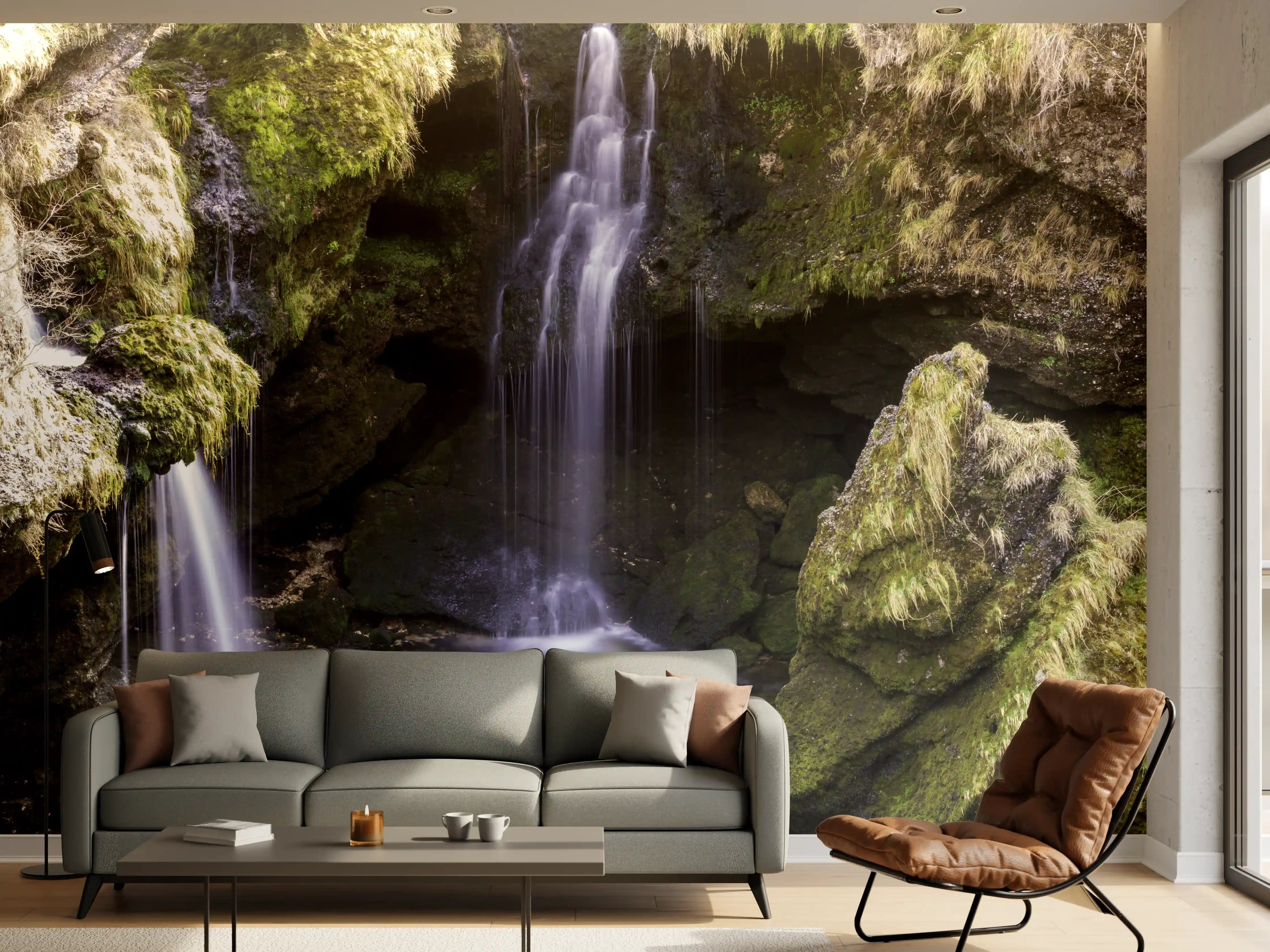 Wandverkleidung Wohnzimmer - Zauberhafte Wasserfallkulisse in der Natur