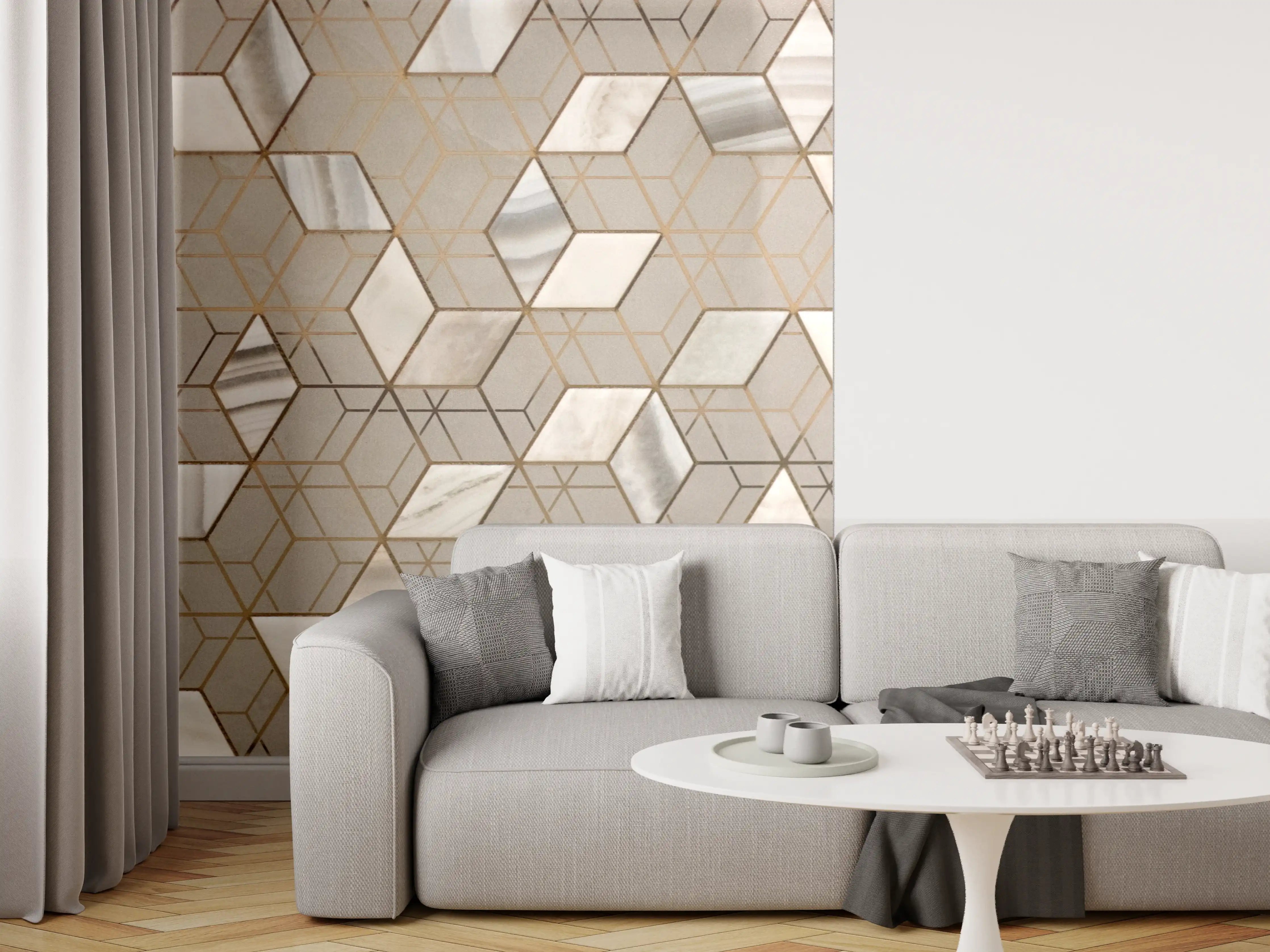 Wandverkleidung Wohnzimmer - Zeitlose Graugeometrie an Weißen Wänden