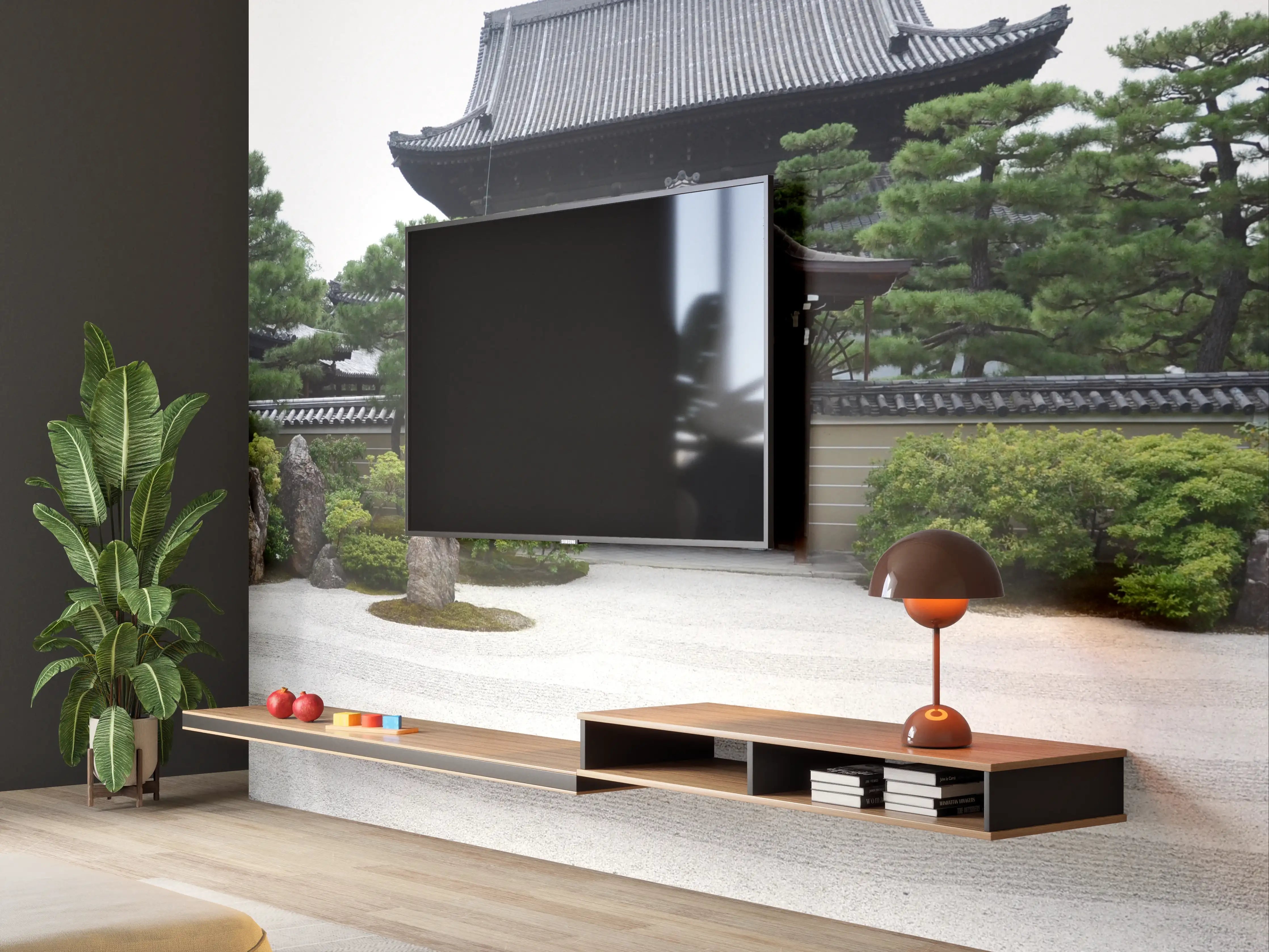 Wandverkleidung Wohnzimmer - Zen Garten mit Tor und Steinen