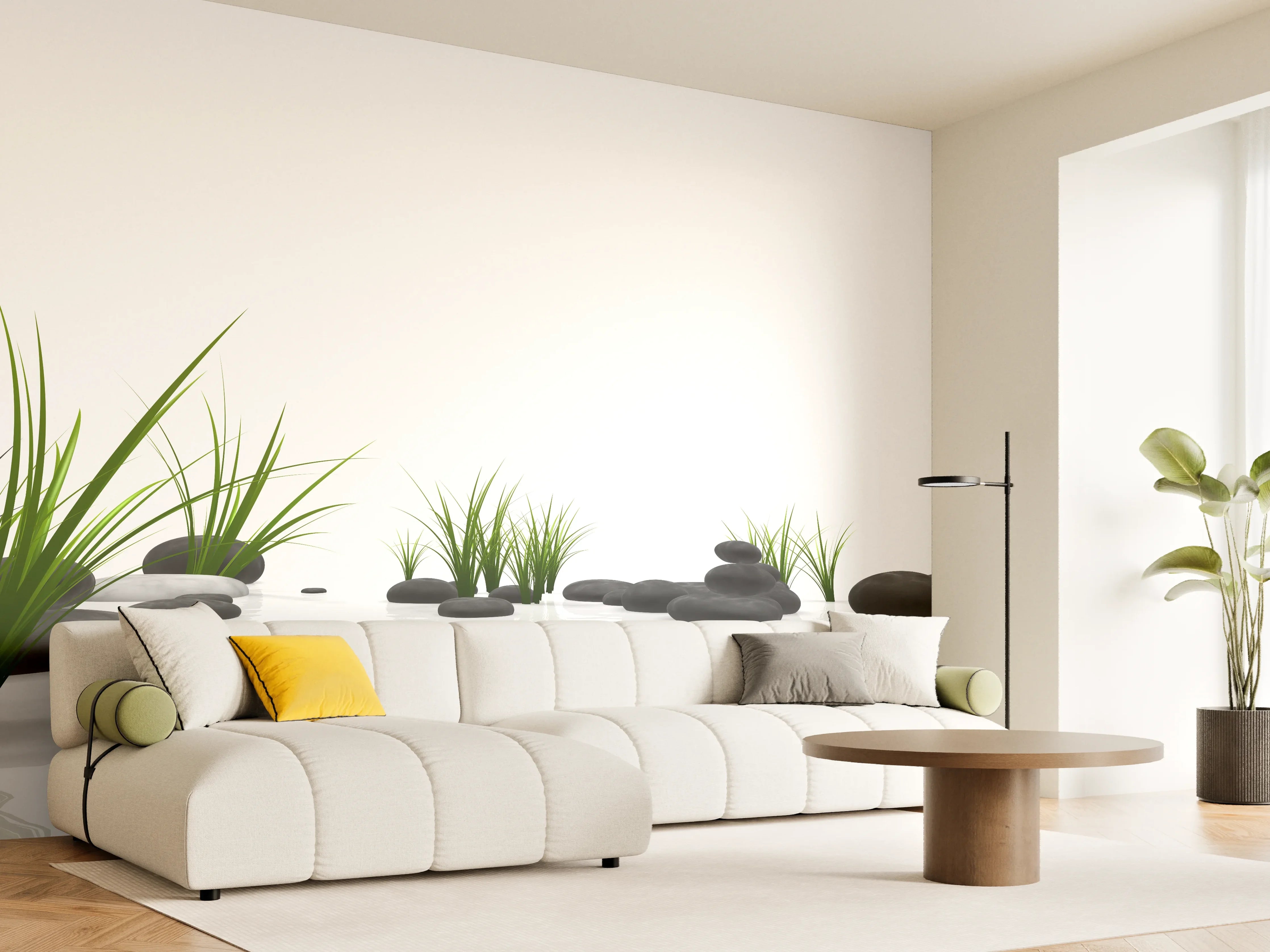 Wandverkleidung Wohnzimmer - Zen Garten mit schwarzen Steinen und grünem Moos