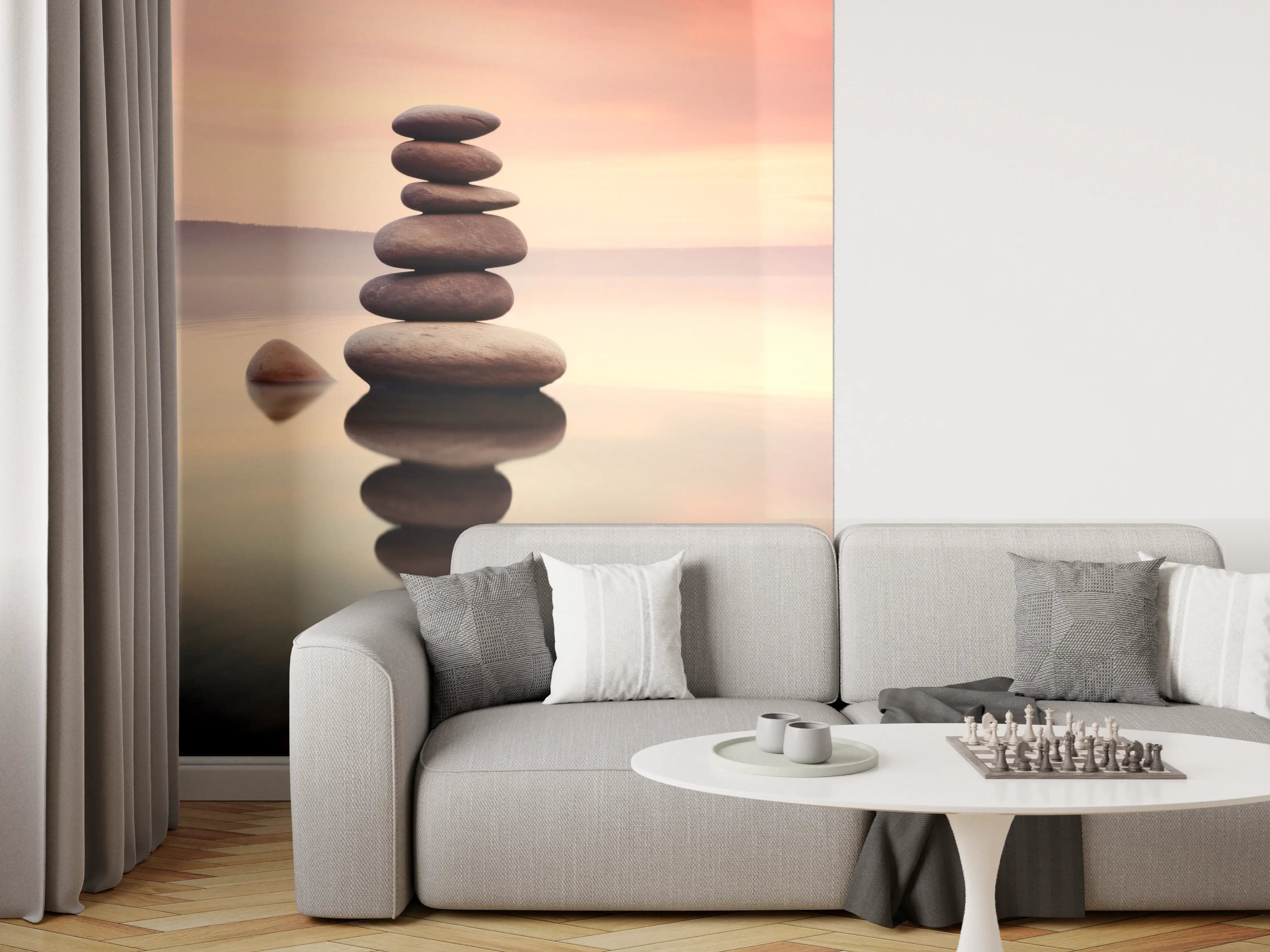 Wandverkleidung Wohnzimmer - Zen-Steine am rosa Sonnenuntergang