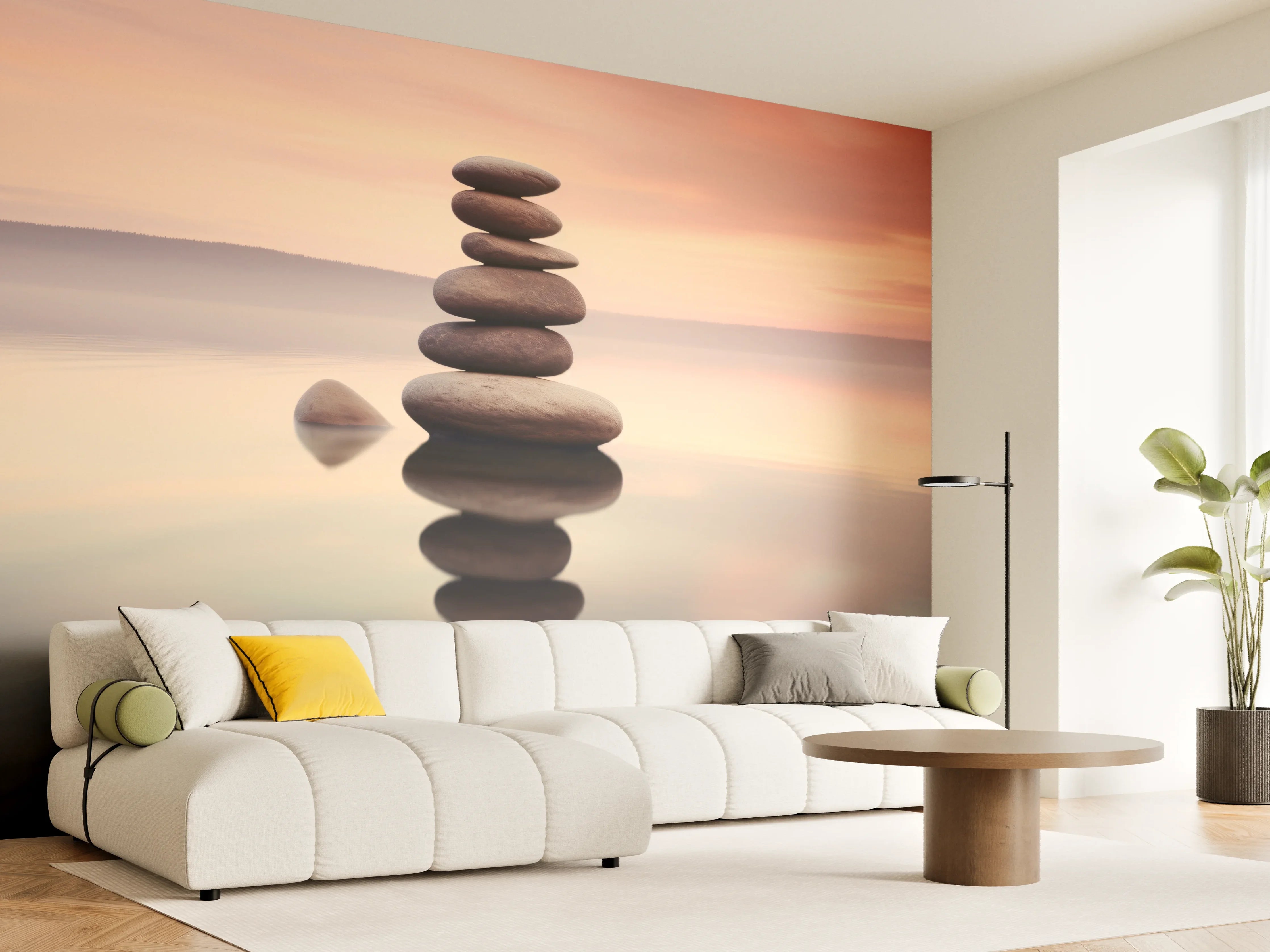 Wandverkleidung Wohnzimmer - Zen-Steine am rosa Sonnenuntergang