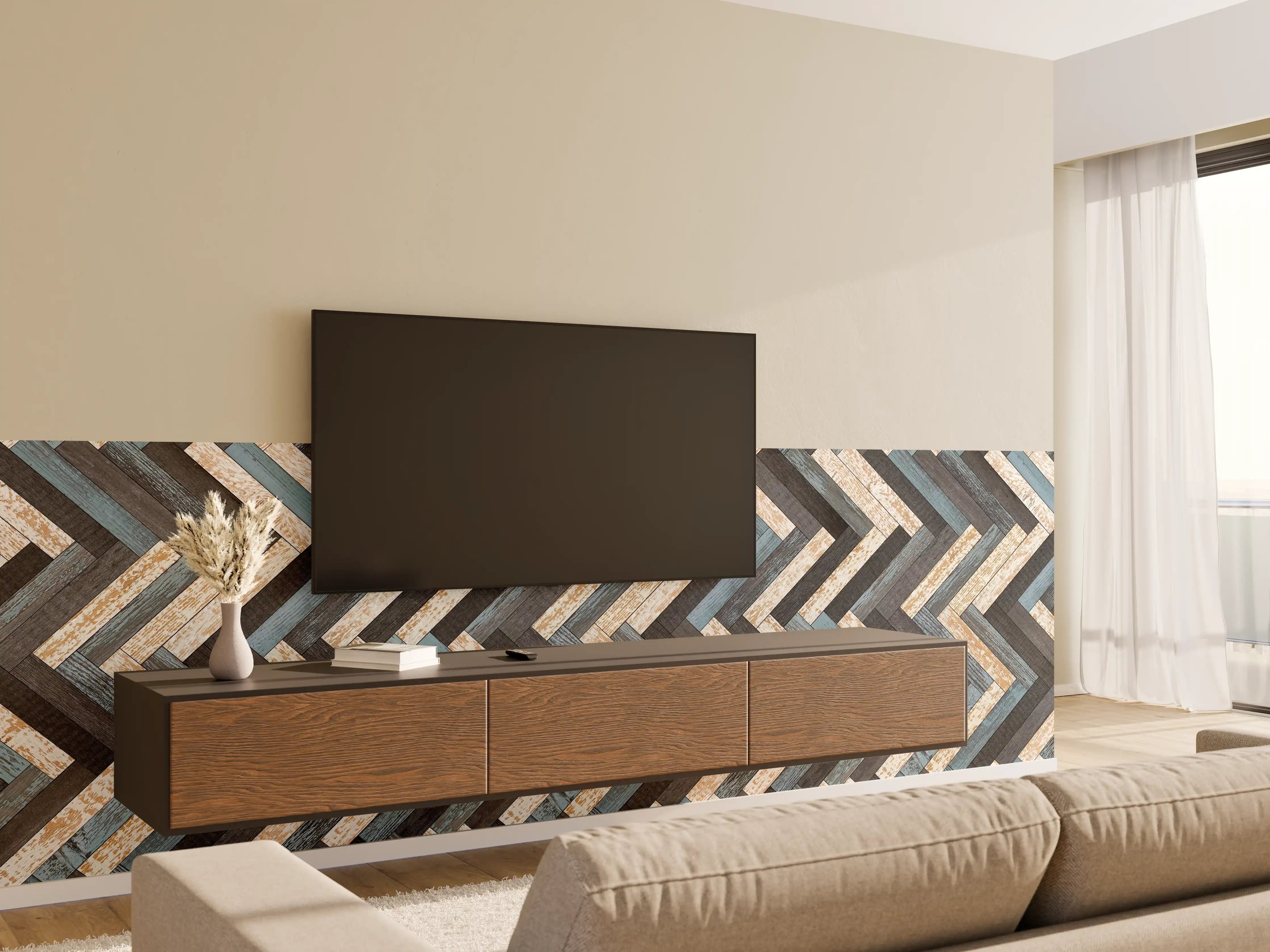 Wandverkleidung Wohnzimmer - Zickzackförmige Holztextur