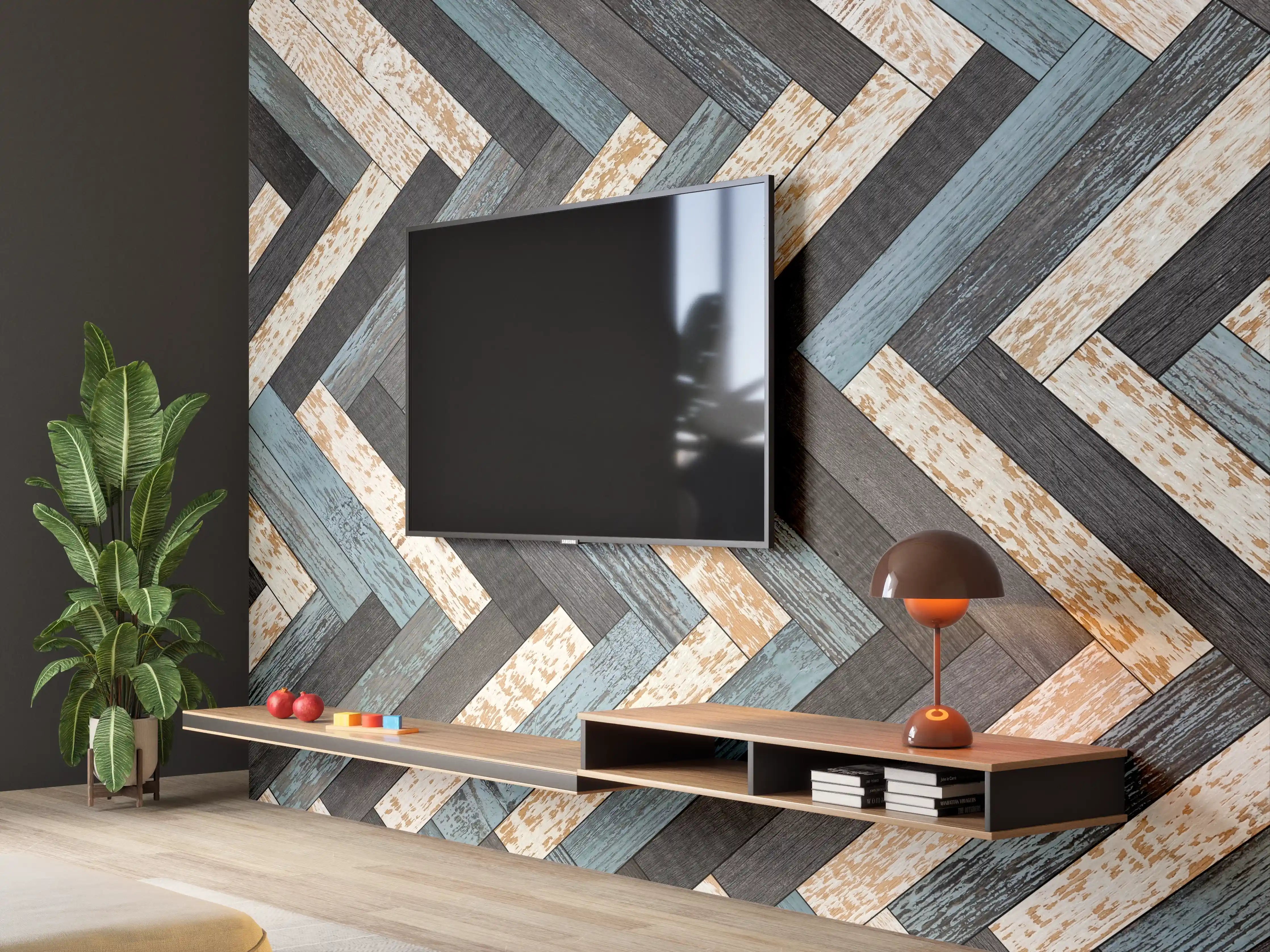 Wandverkleidung Wohnzimmer - Zickzackförmige Holztextur