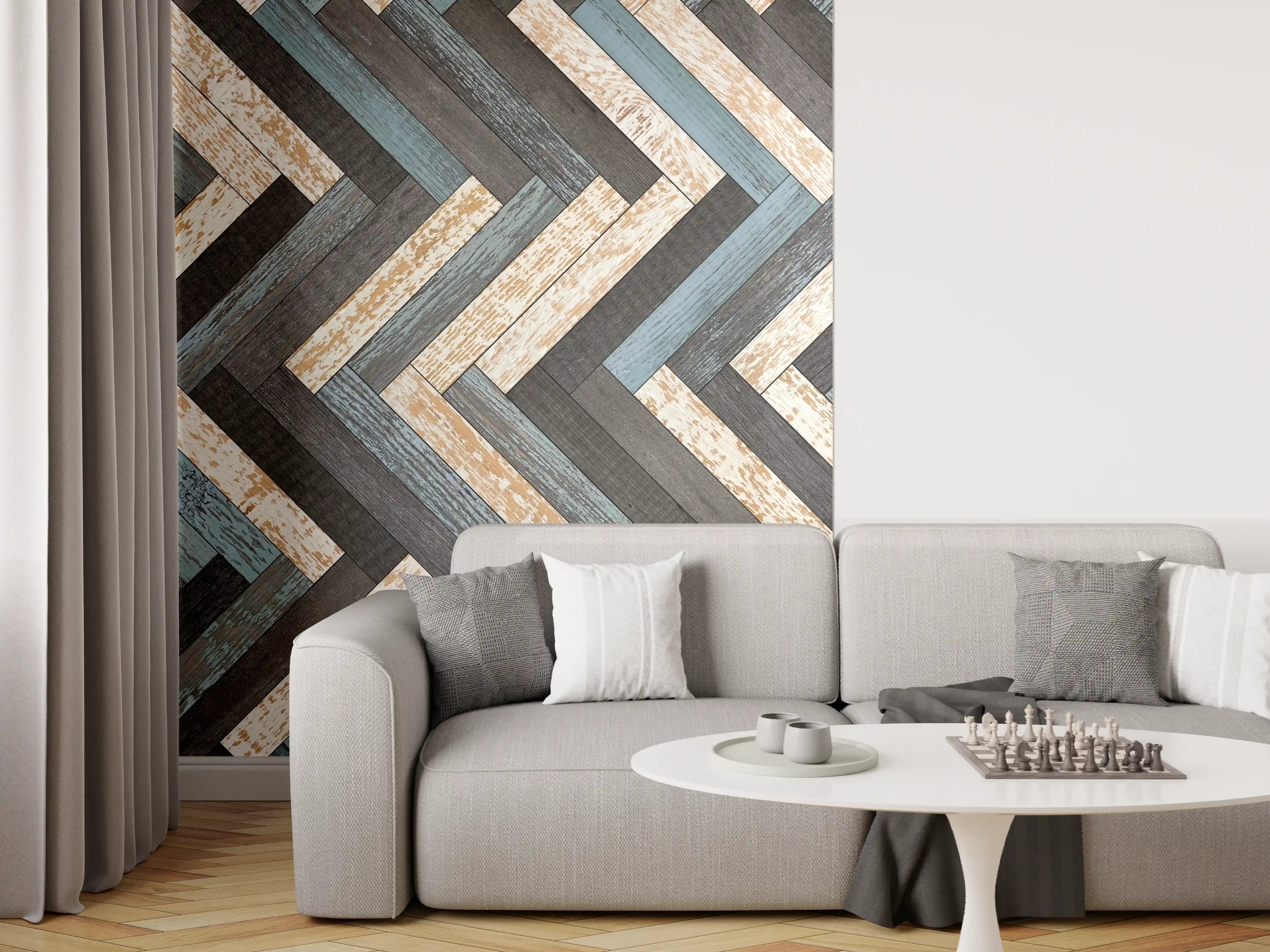 Wandverkleidung Wohnzimmer - Zickzackförmige Holztextur