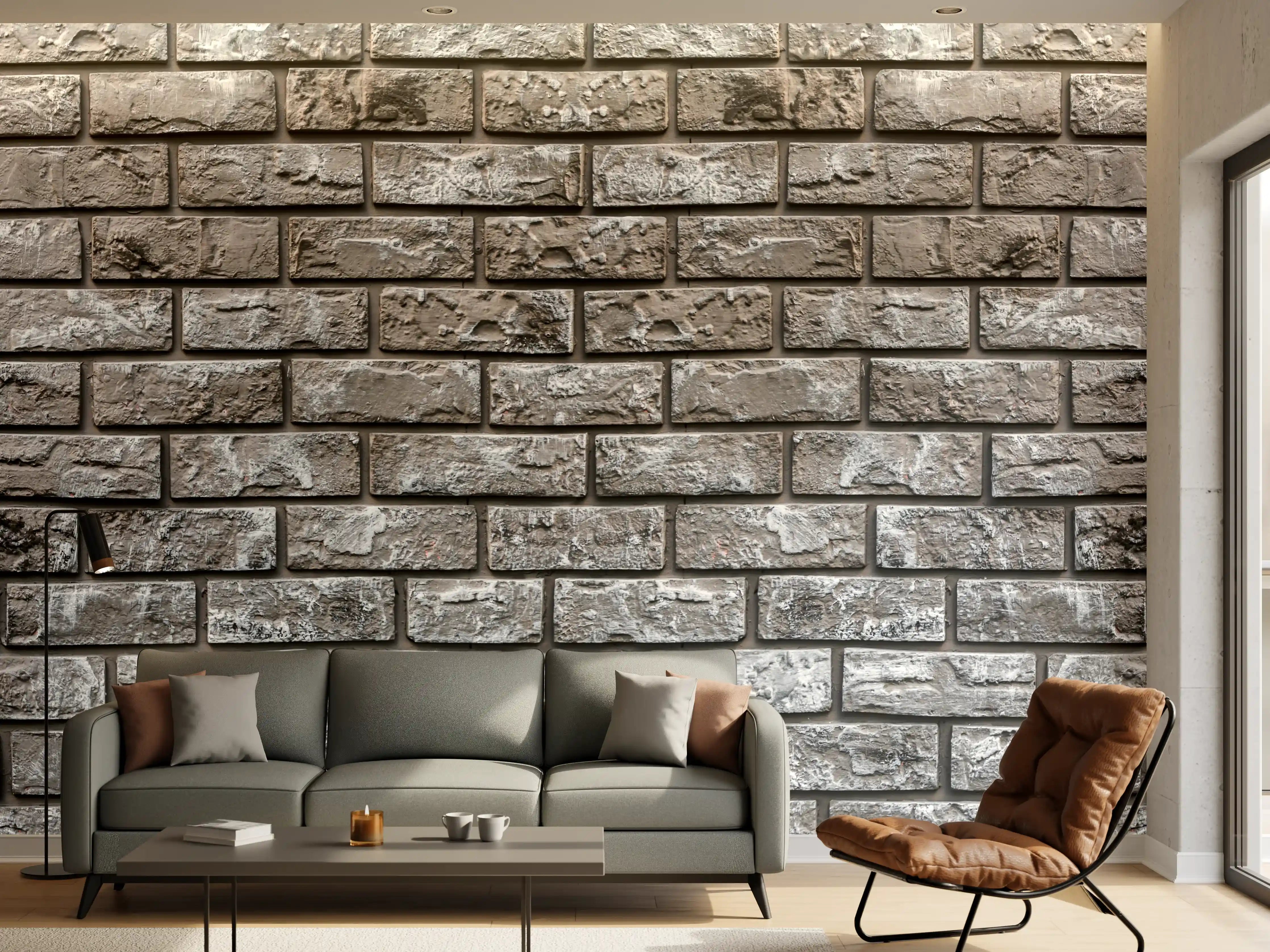 Wandverkleidung Wohnzimmer - Ziegelmauer aus dekorativem grauem Stein