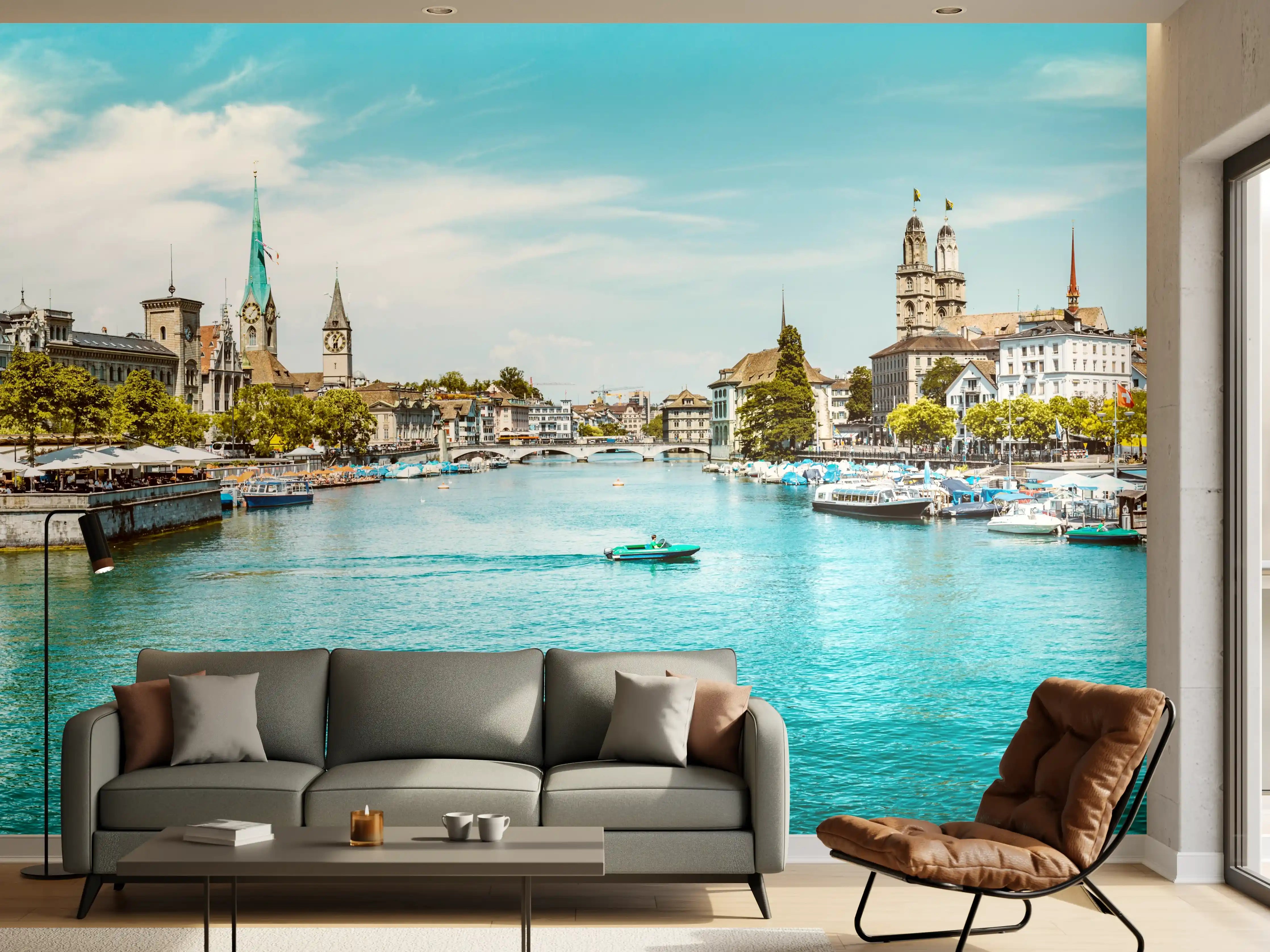 Wandverkleidung Wohnzimmer - Zürich Skyline Panorama mit Fluss Limmat