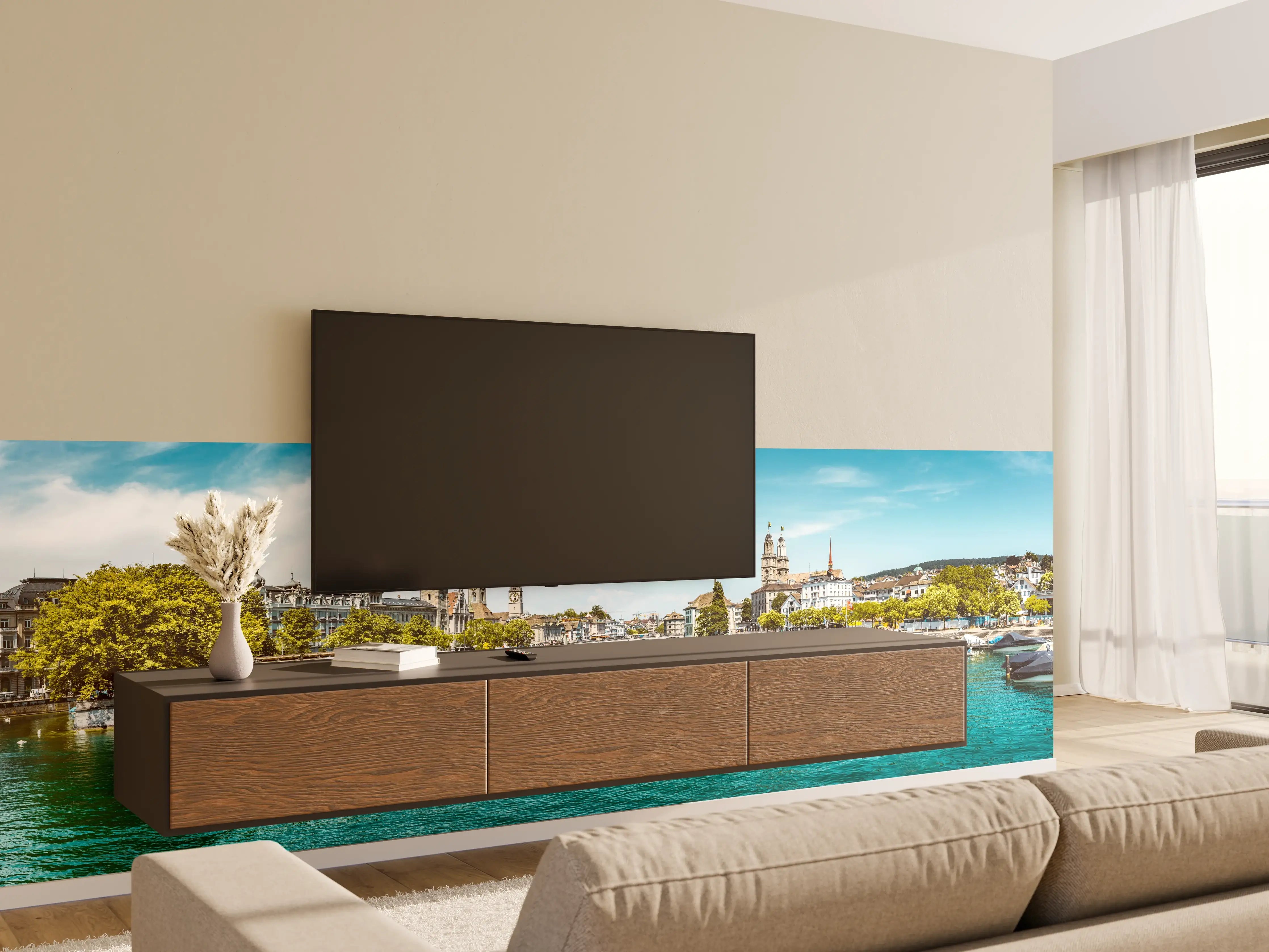Wandverkleidung Wohnzimmer - Zürich Skyline Panorama mit Fluss Limmat