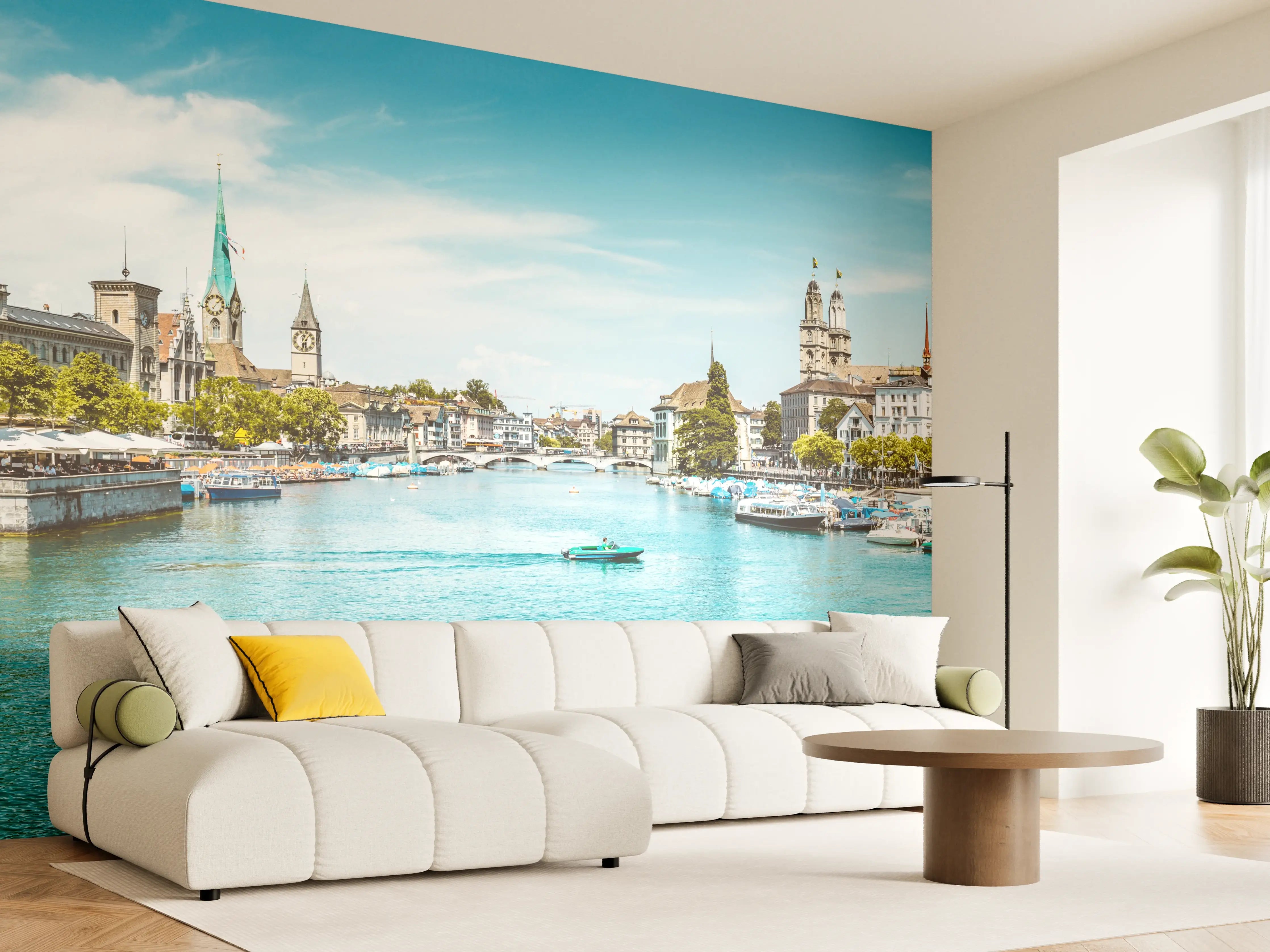 Wandverkleidung Wohnzimmer - Zürich Skyline Panorama mit Fluss Limmat
