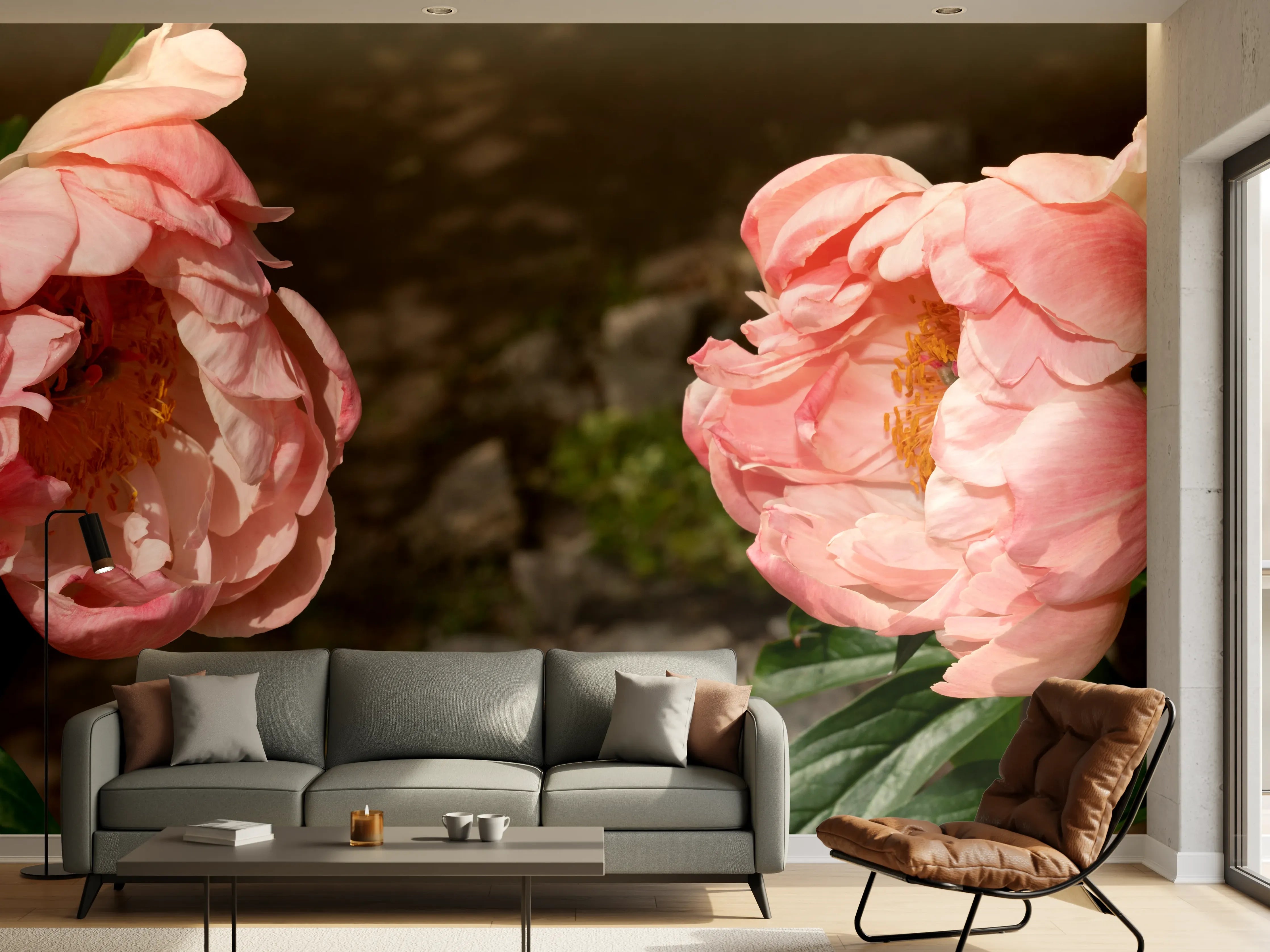 Wandverkleidung Wohnzimmer - Zwei rosa Pfingstrosen in einem alten Garten.