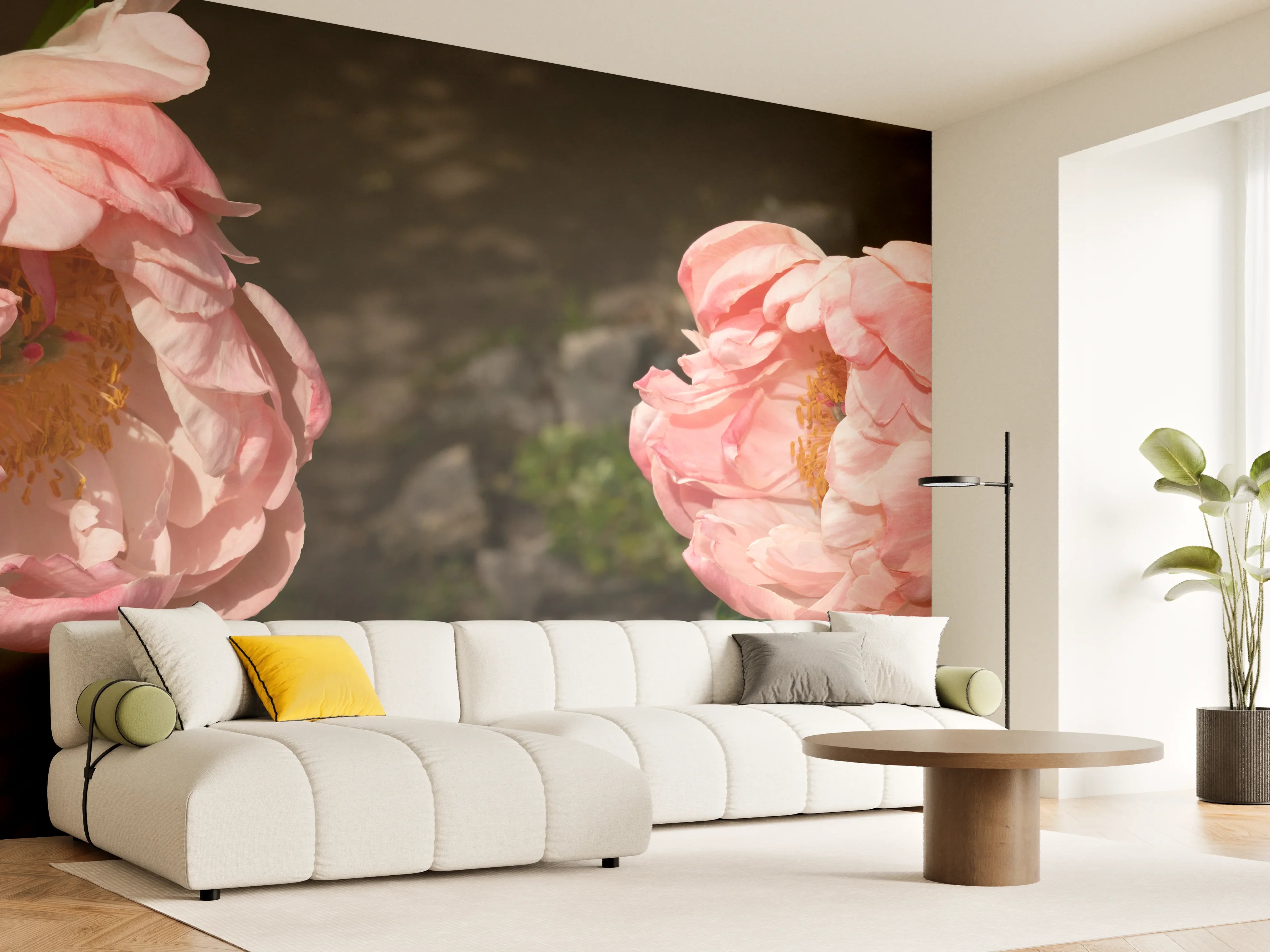 Wandverkleidung Wohnzimmer - Zwei rosa Pfingstrosen in einem alten Garten.