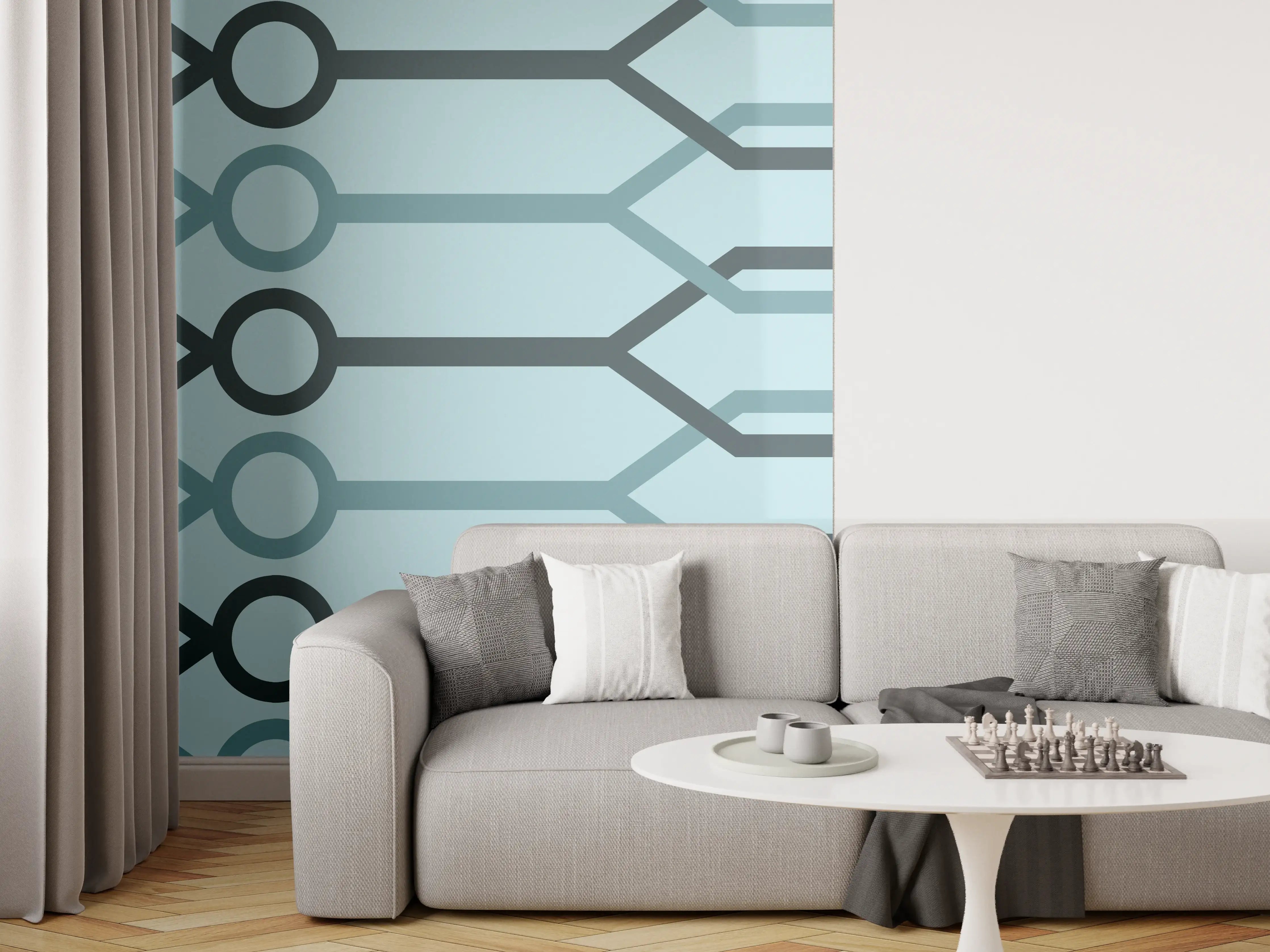 Wandverkleidung Wohnzimmer - "Abstraktes Muster in Blau und Grau auf weißem Hintergrund"