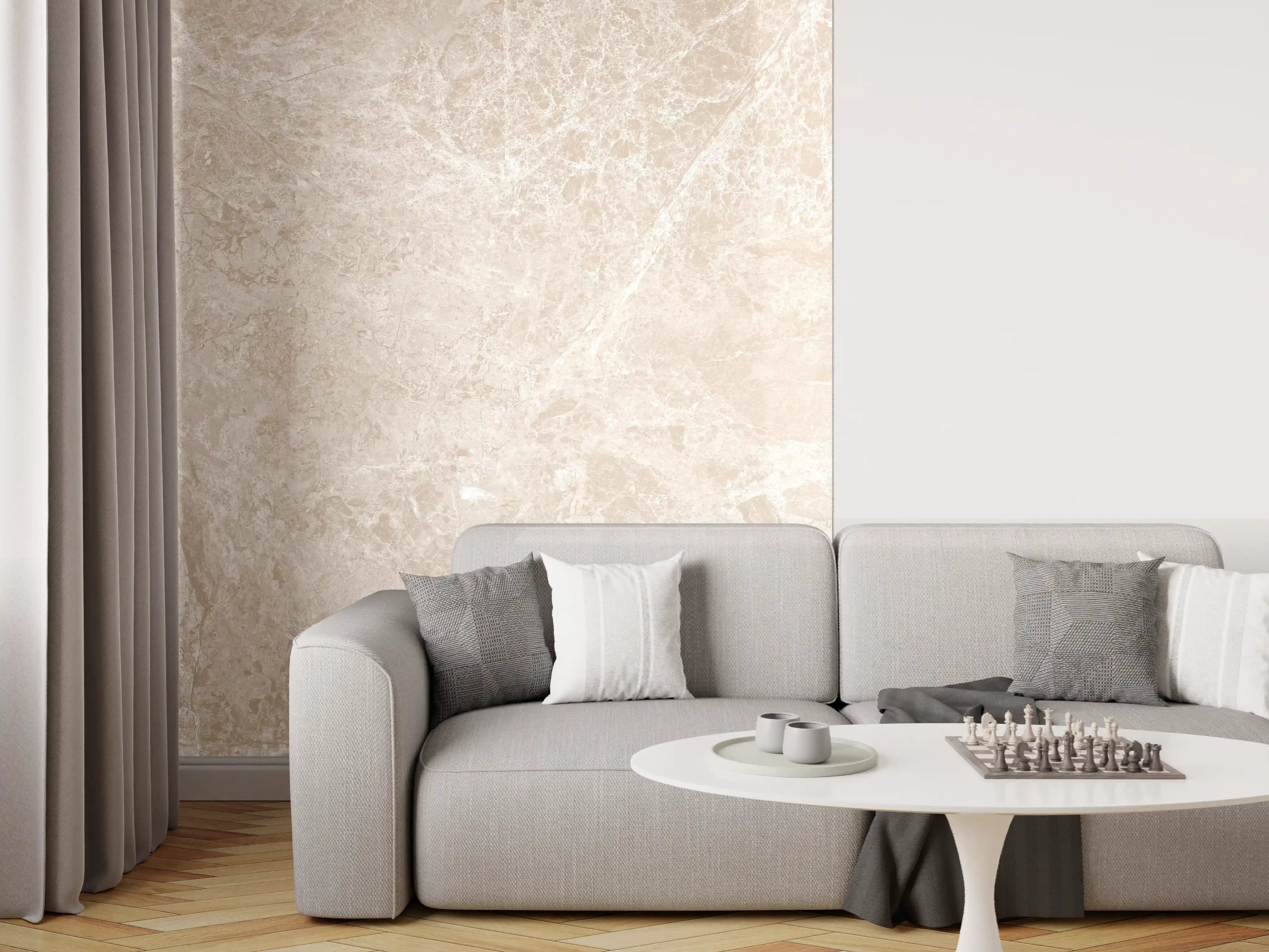 Wandverkleidung Wohnzimmer - beiger Naturmarmor 