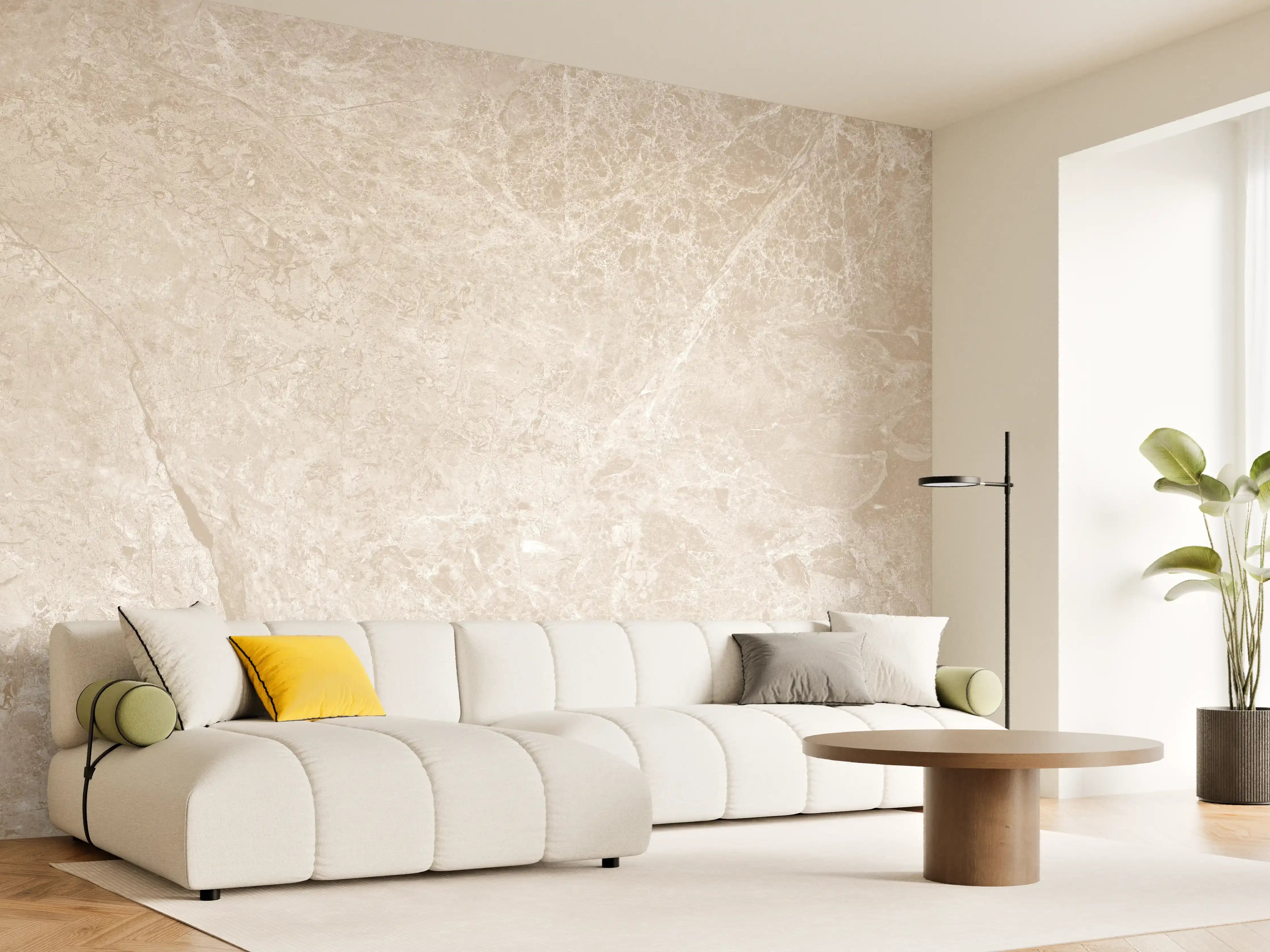 Wandverkleidung Wohnzimmer - beiger Naturmarmor 