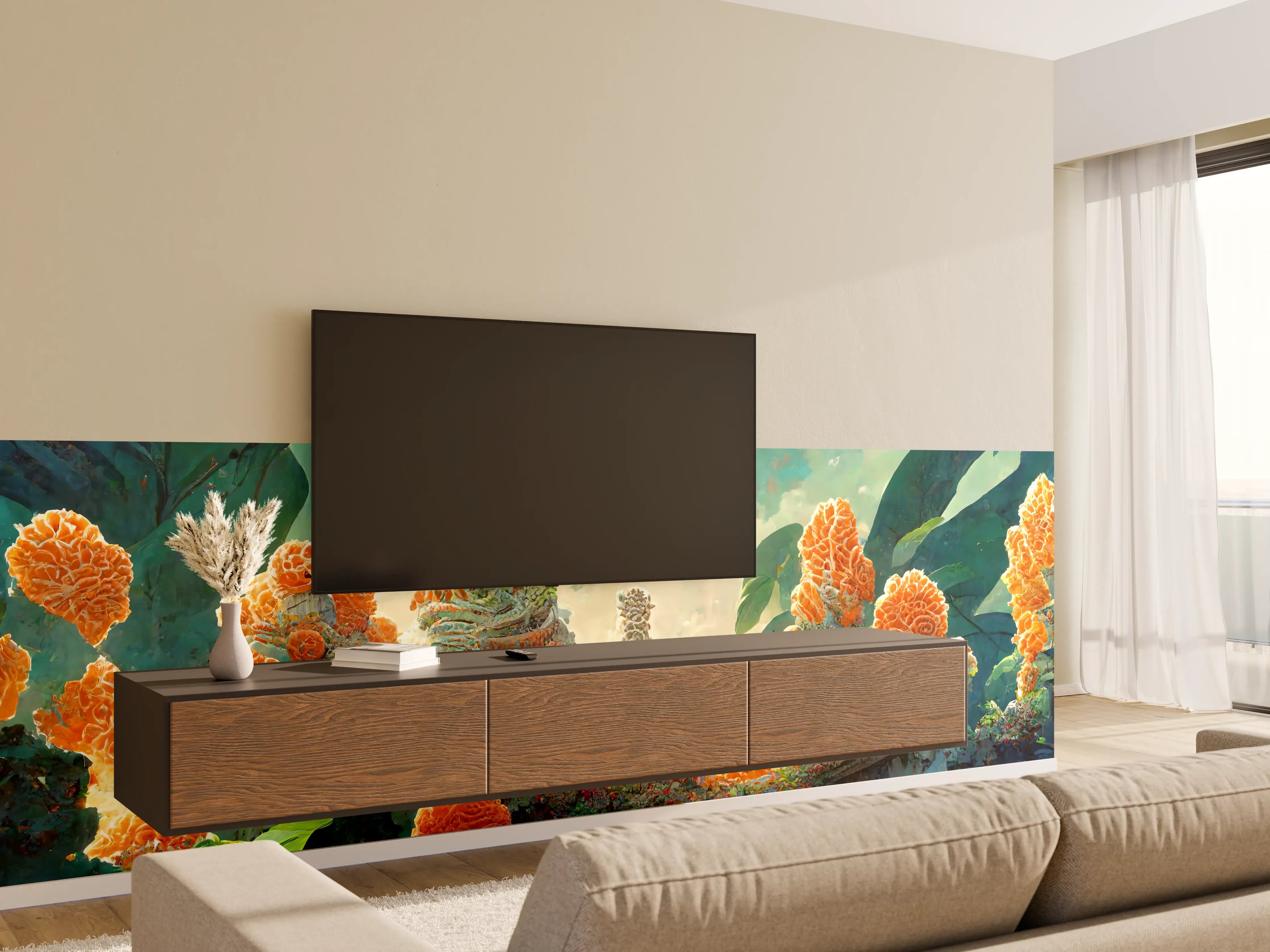 Wandverkleidung Wohnzimmer - gelbe Blumen