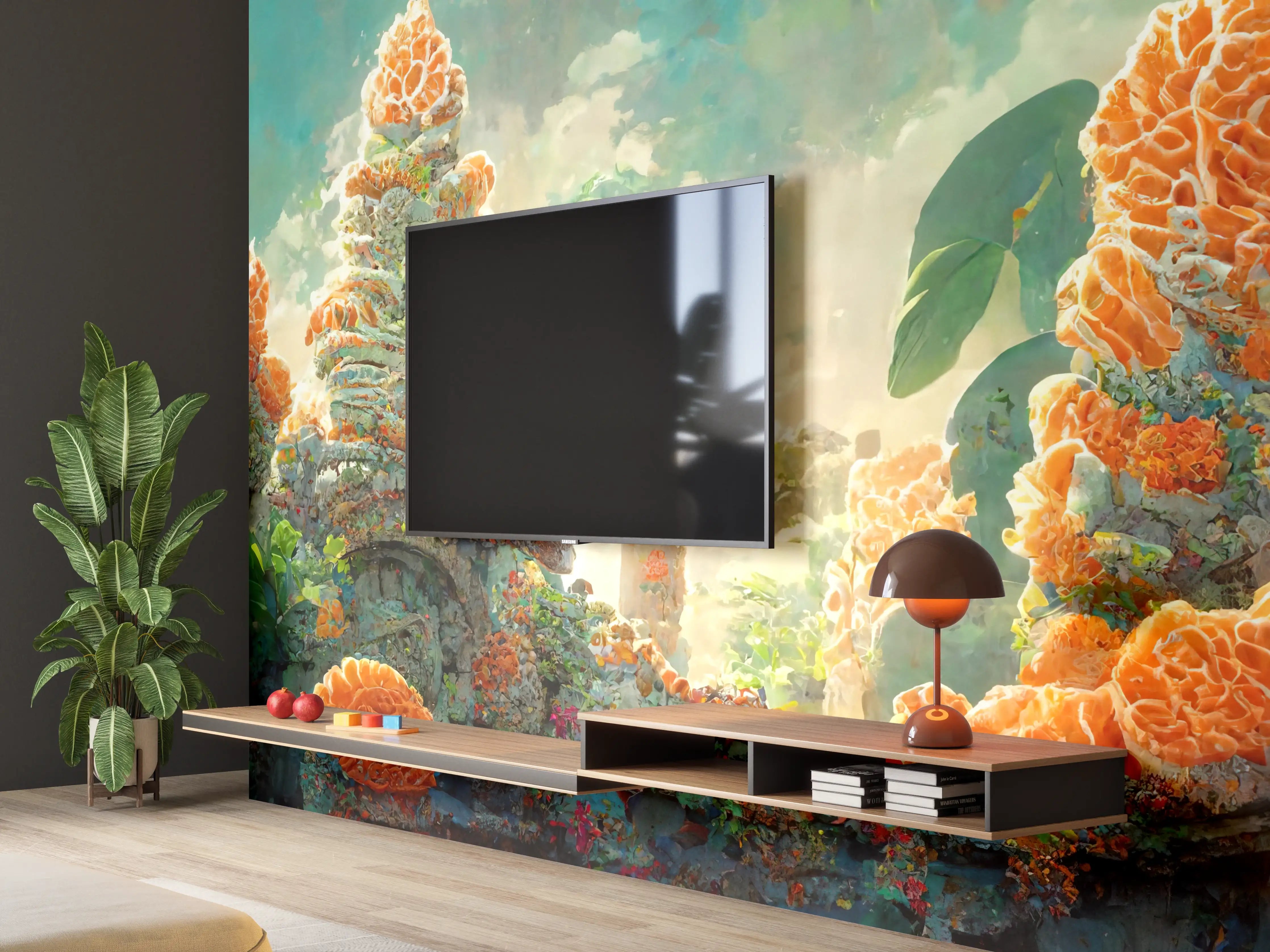 Wandverkleidung Wohnzimmer - gelbe Blumen
