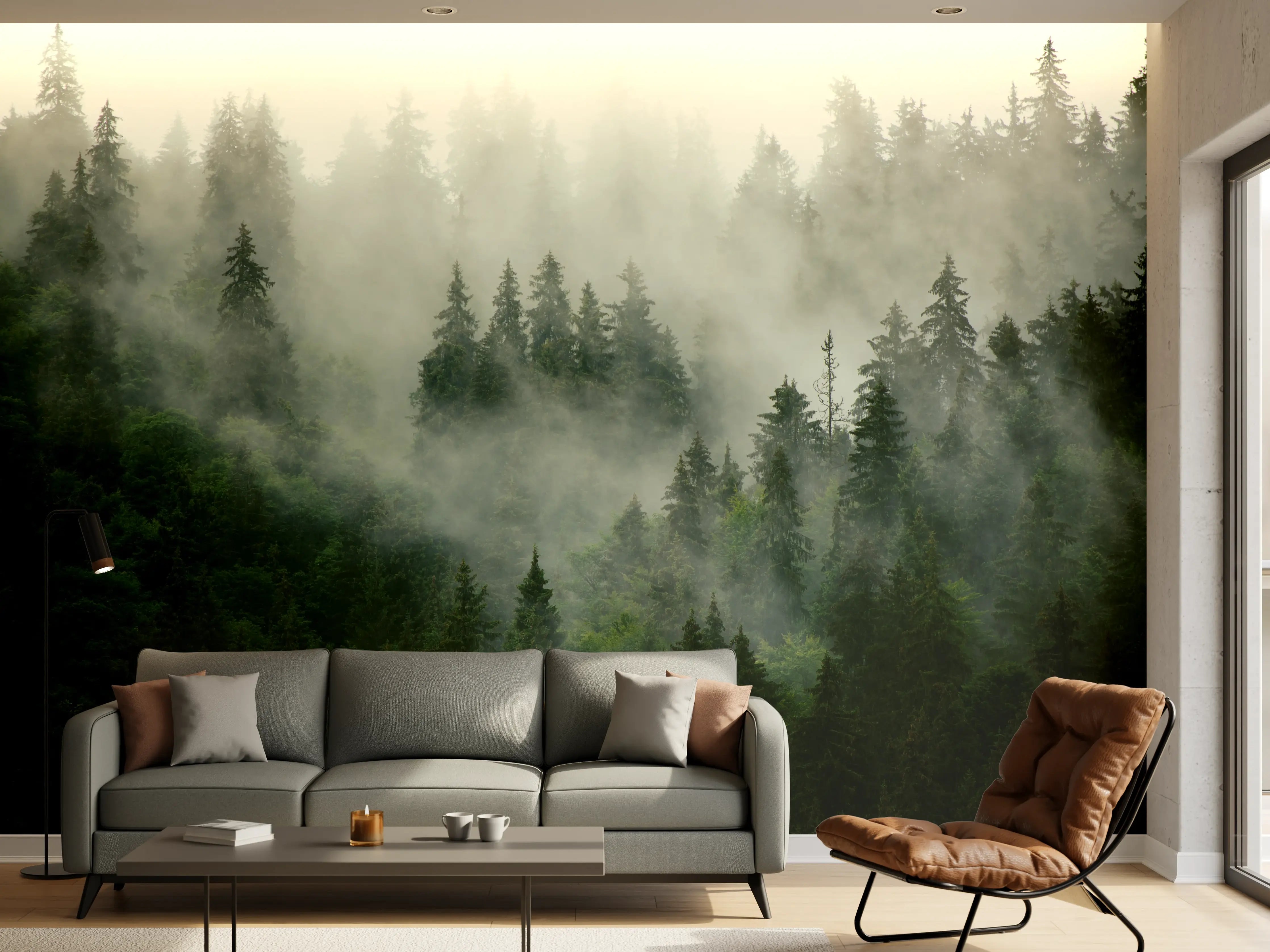 Wandverkleidung Wohnzimmer - neblige Waldlandschaft