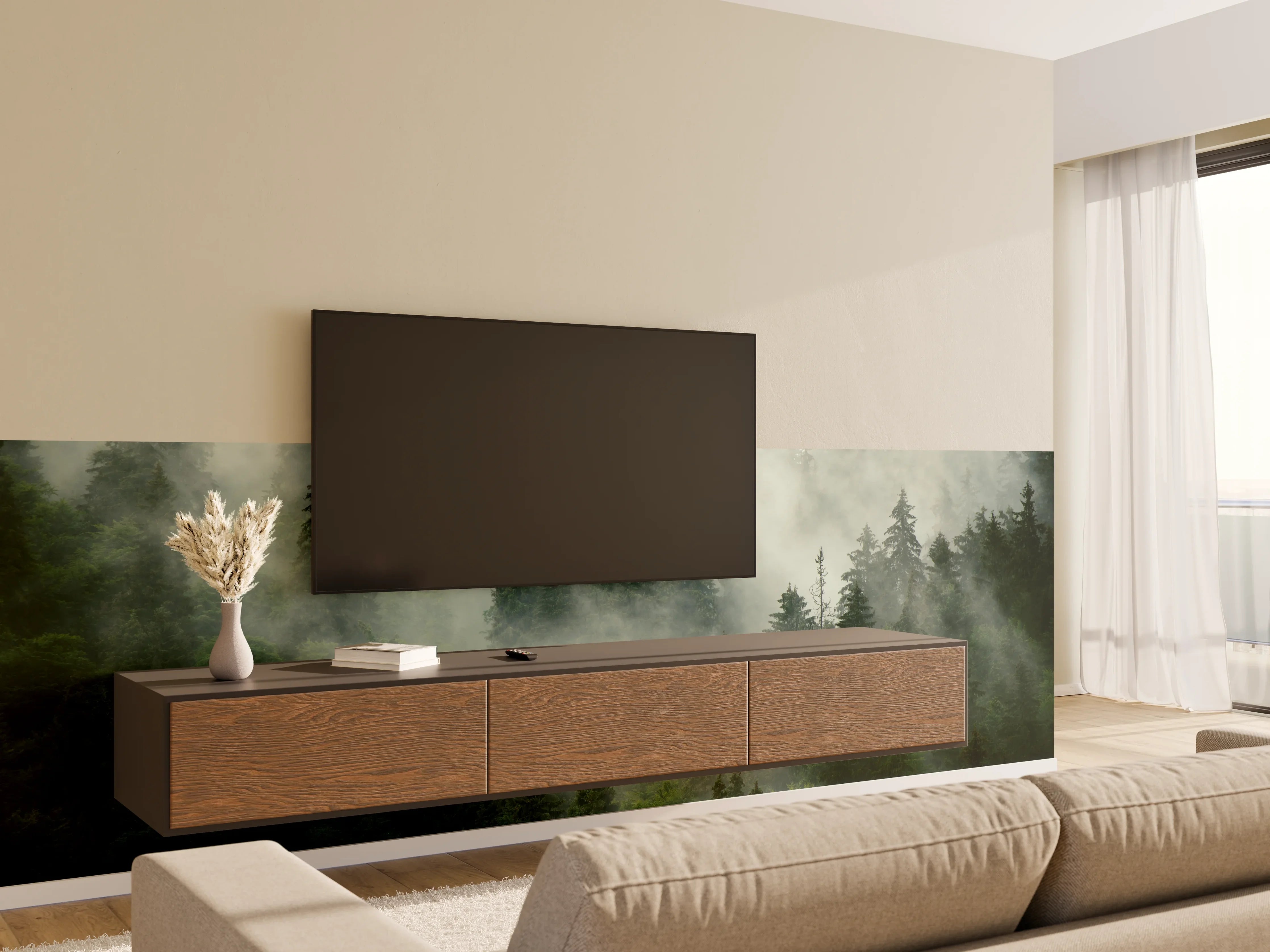 Wandverkleidung Wohnzimmer - neblige Waldlandschaft