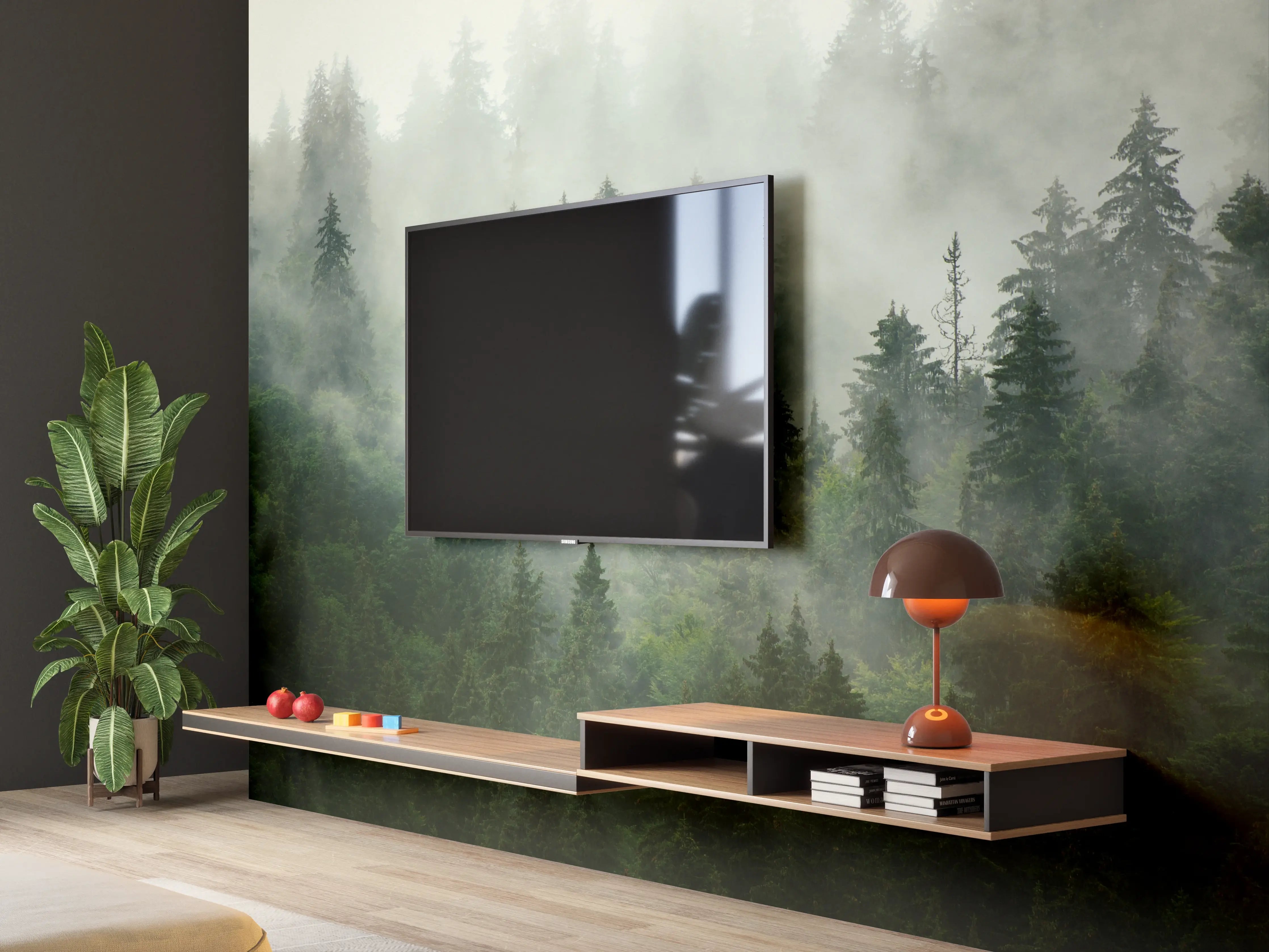 Wandverkleidung Wohnzimmer - neblige Waldlandschaft