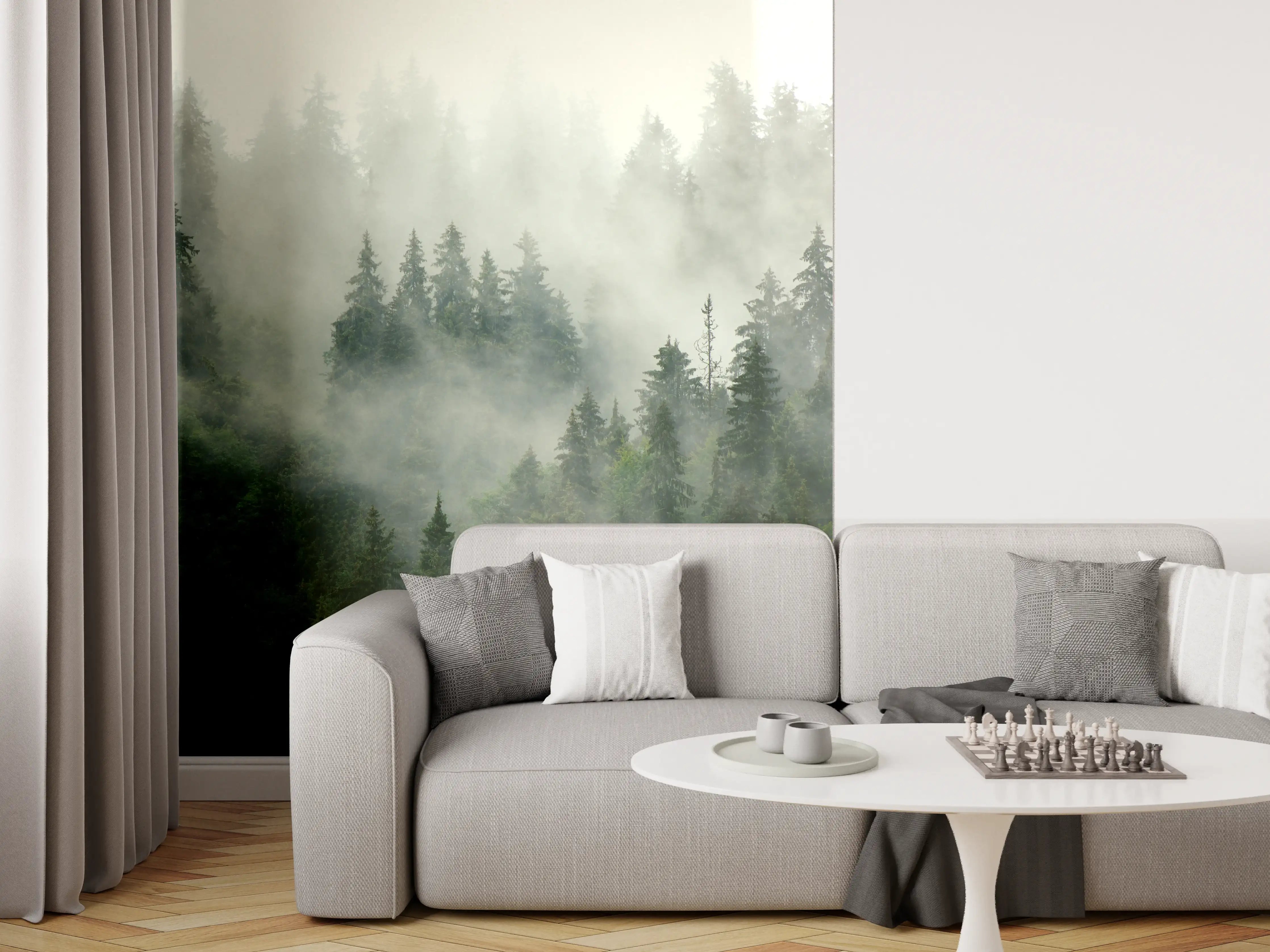 Wandverkleidung Wohnzimmer - neblige Waldlandschaft
