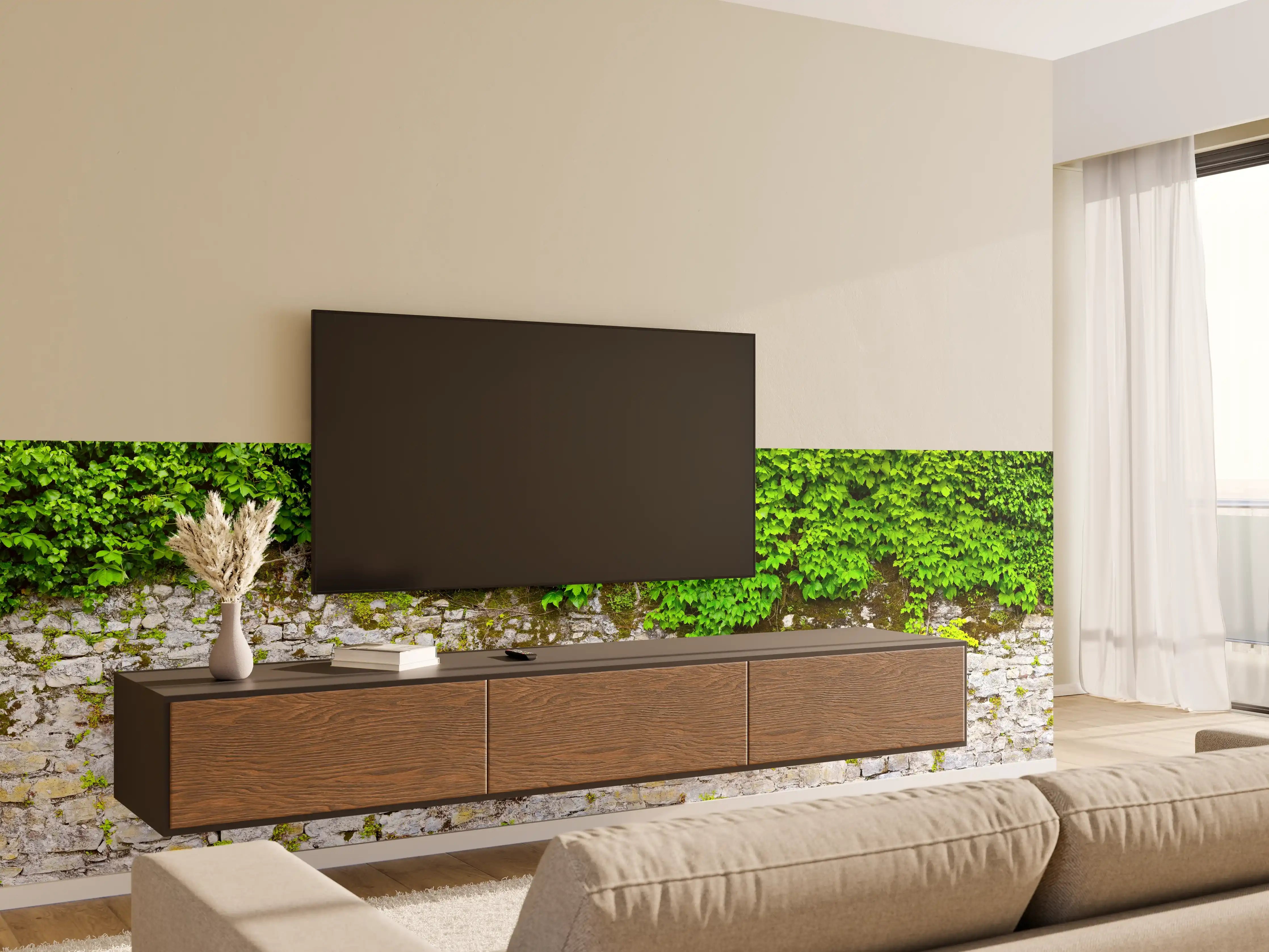 Wandverkleidung Wohnzimmer - überwucherte Burgmauer