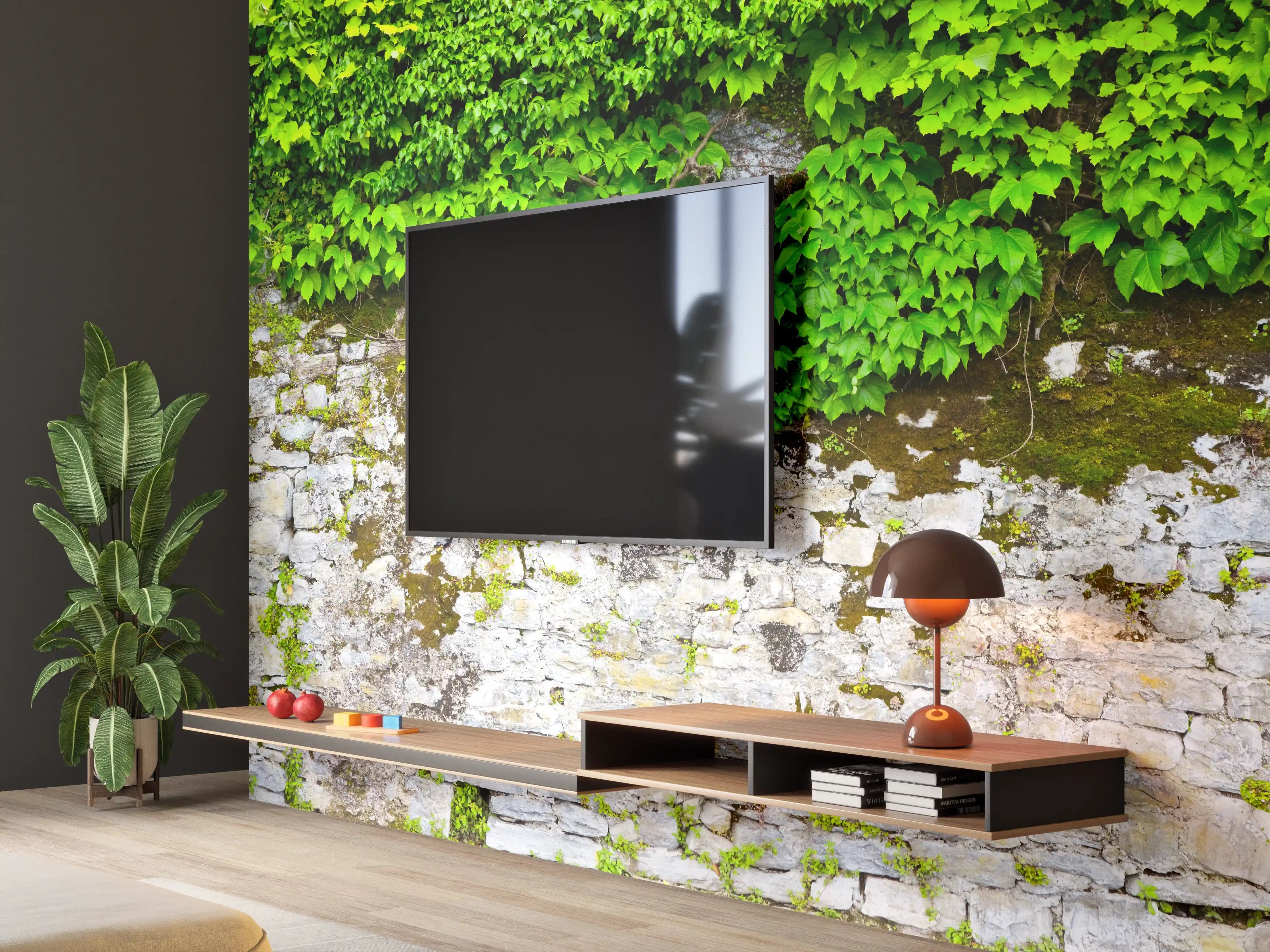 Wandverkleidung Wohnzimmer - überwucherte Burgmauer