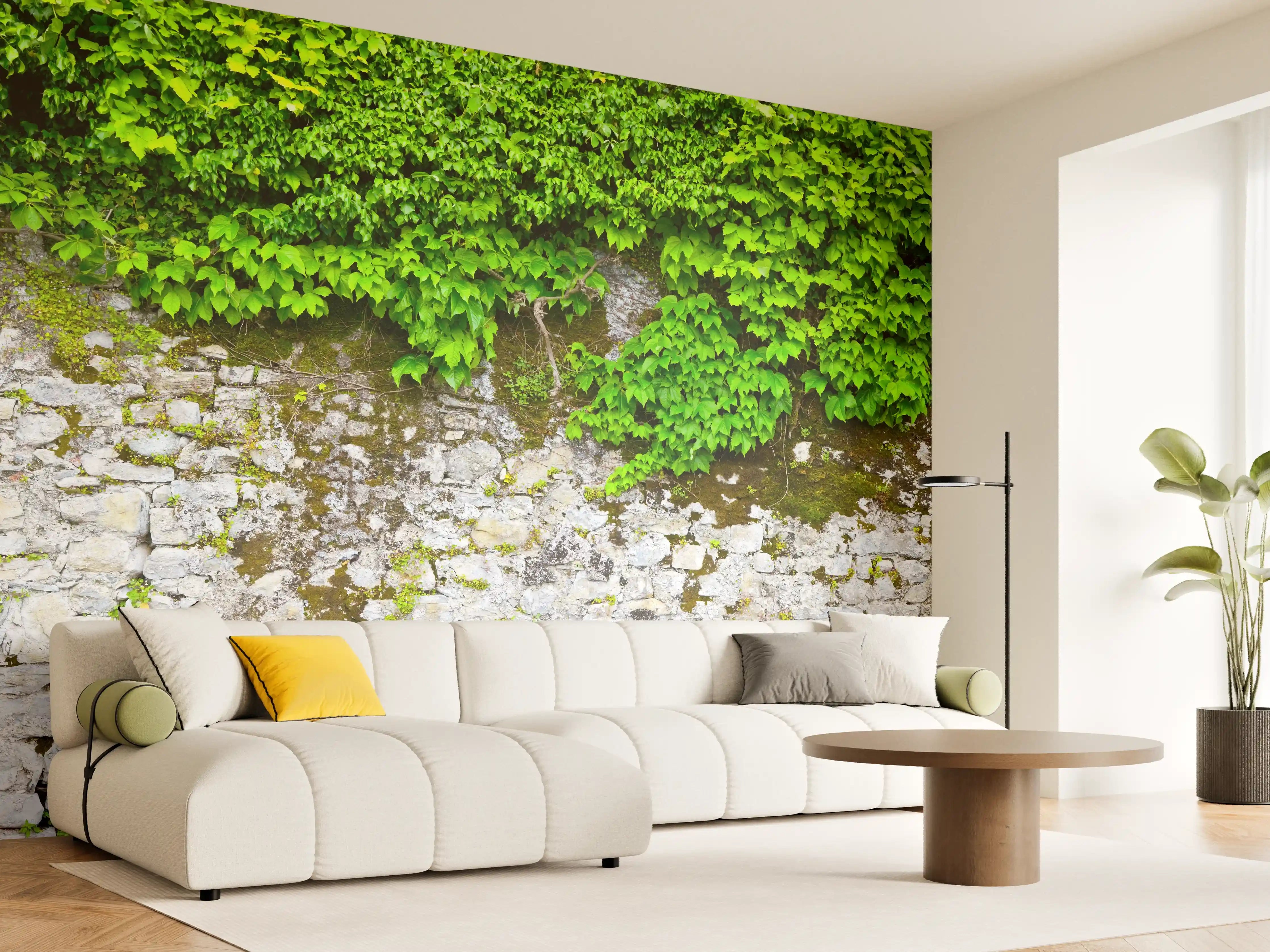 Wandverkleidung Wohnzimmer - überwucherte Burgmauer