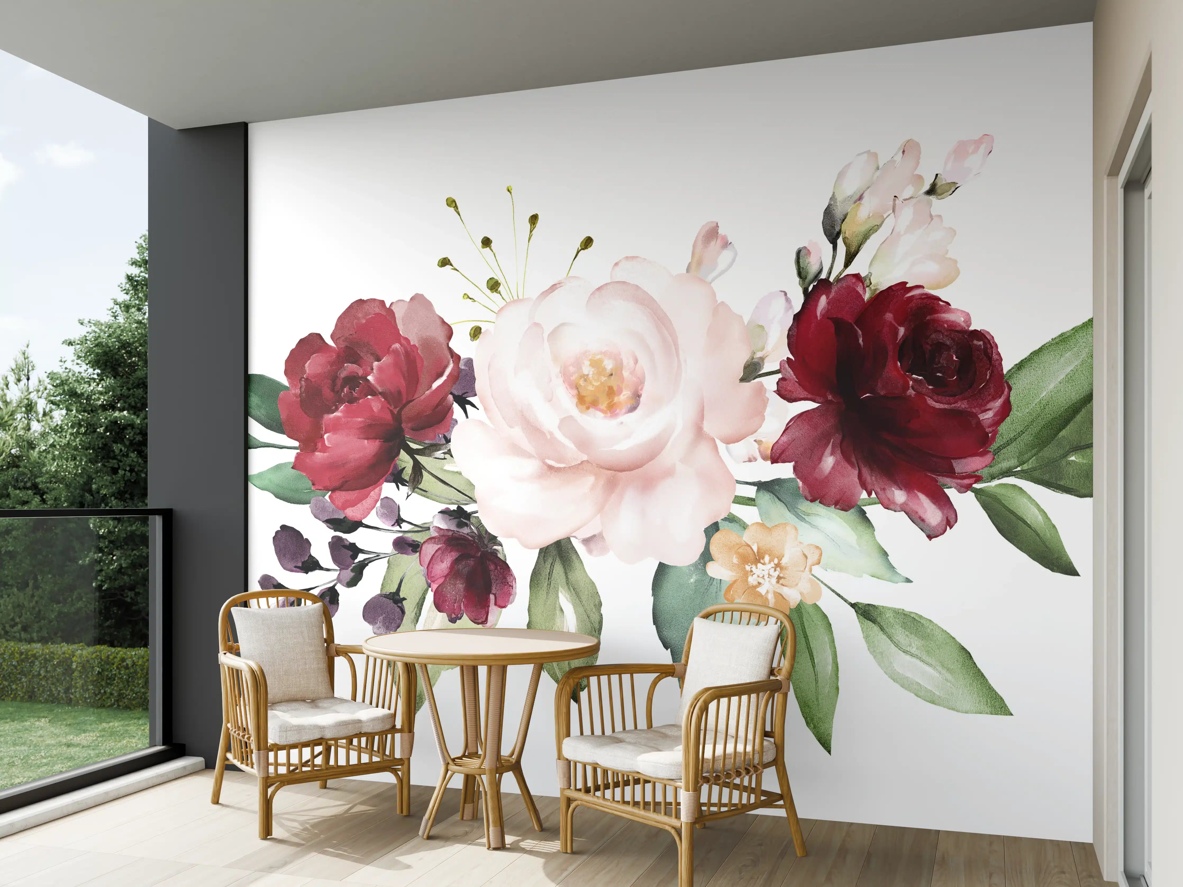 Wandverkleidung außen -  Aquarell bordeauxfarbene Blumen