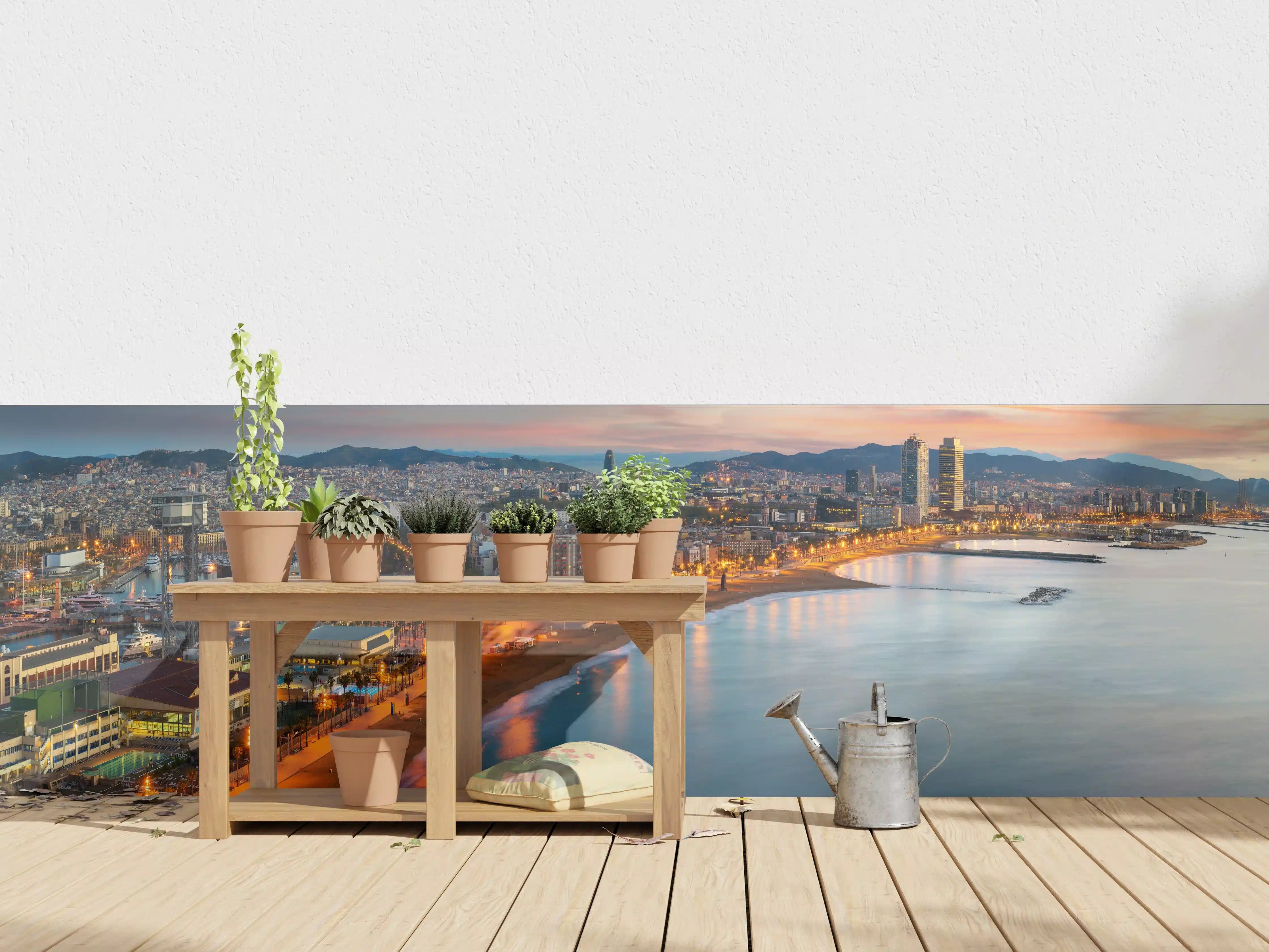 Wandverkleidung außen - Abendstimmung am Strand mit Stadtblick
